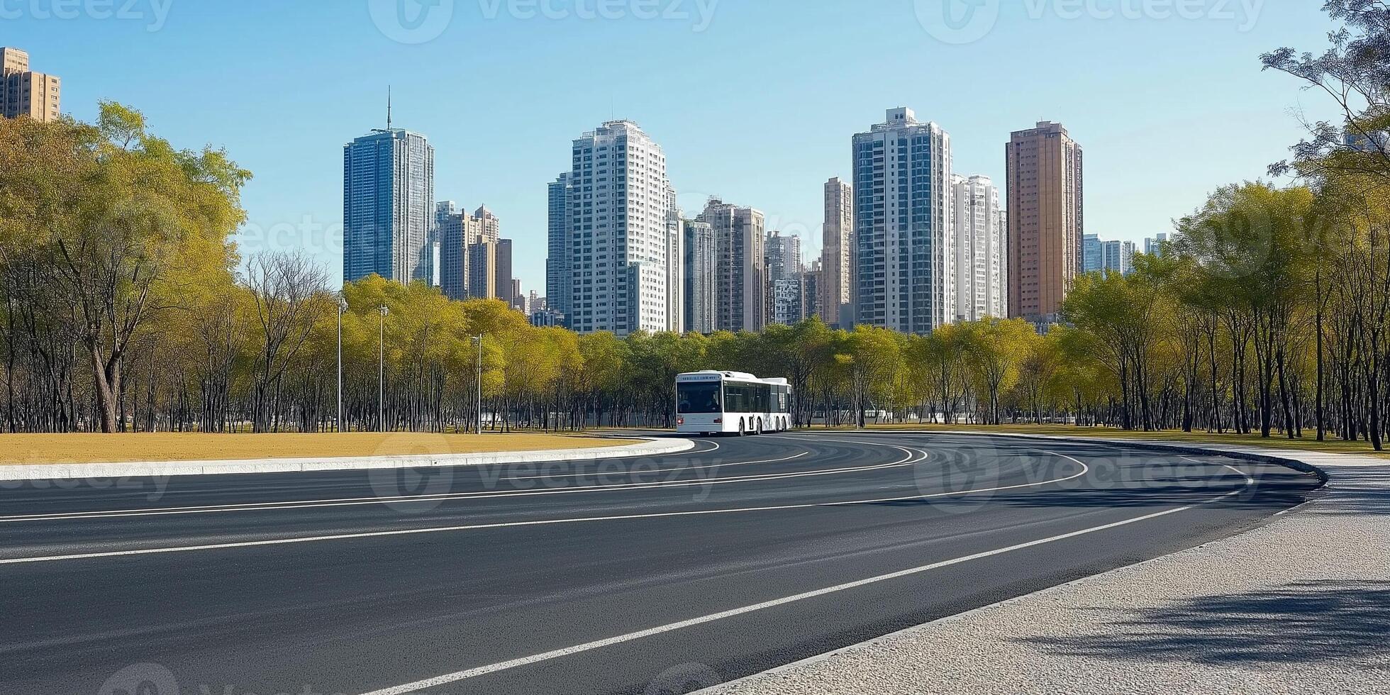 Empty asphalt road running through a modern city lined with towering buildings and trees photo