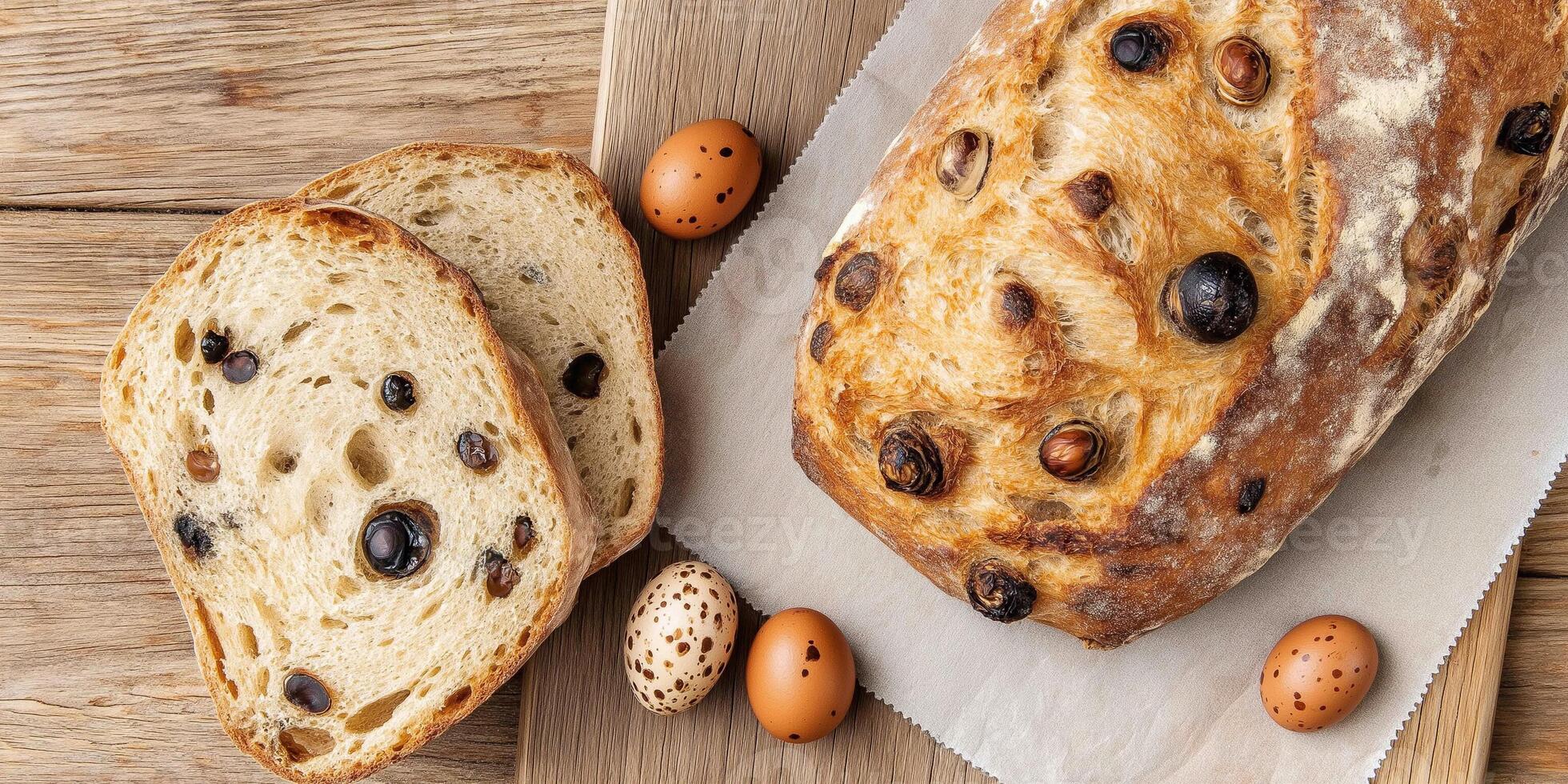 Easter bread with quail eggs and catkins arranged beautifully on a rustic wooden table photo