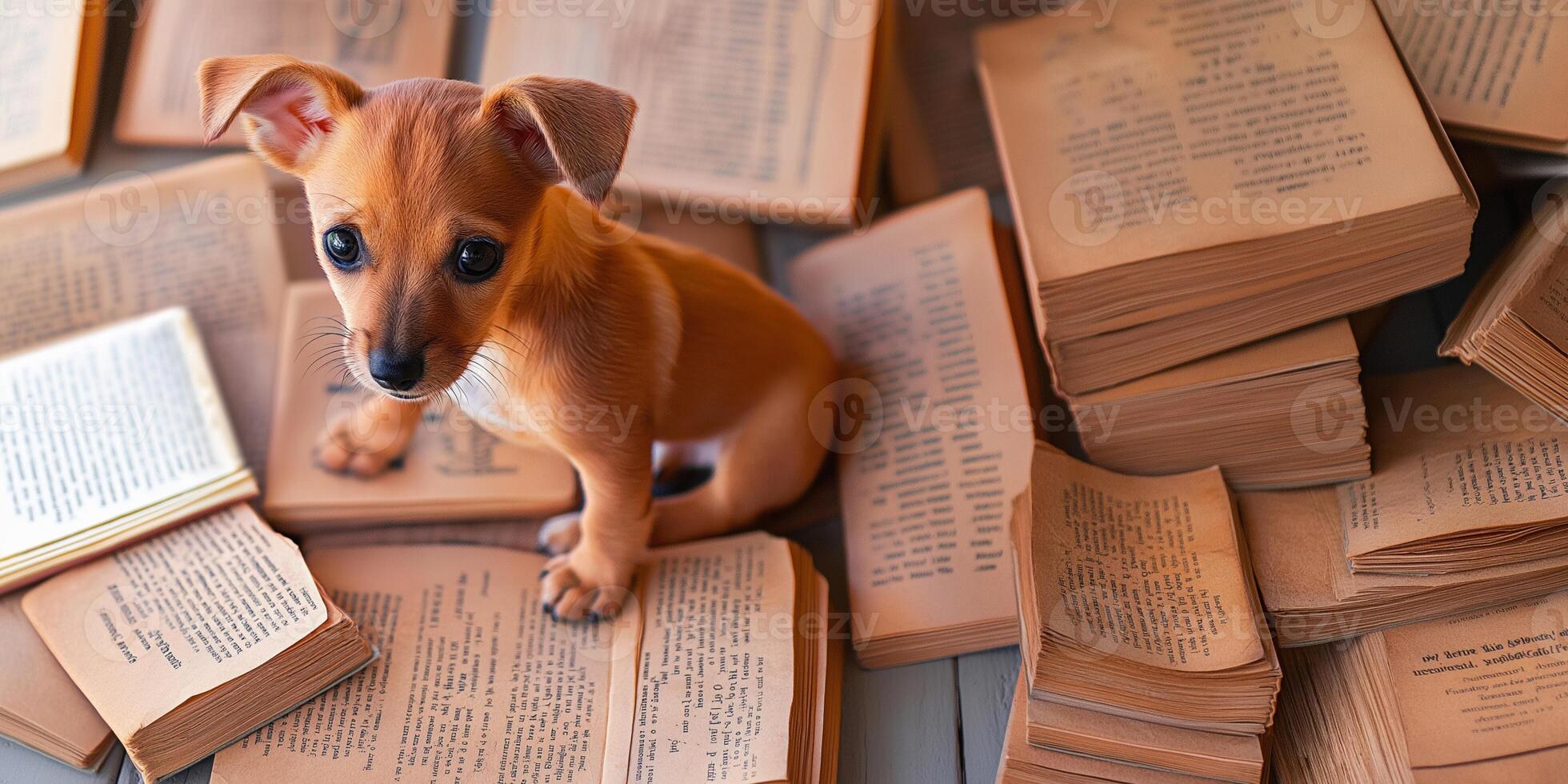 Cute puppy exploring a pile of books on a bright white background photo