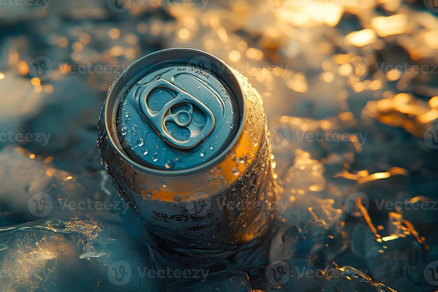 Cold canned drink on ice, sunset light. photo
