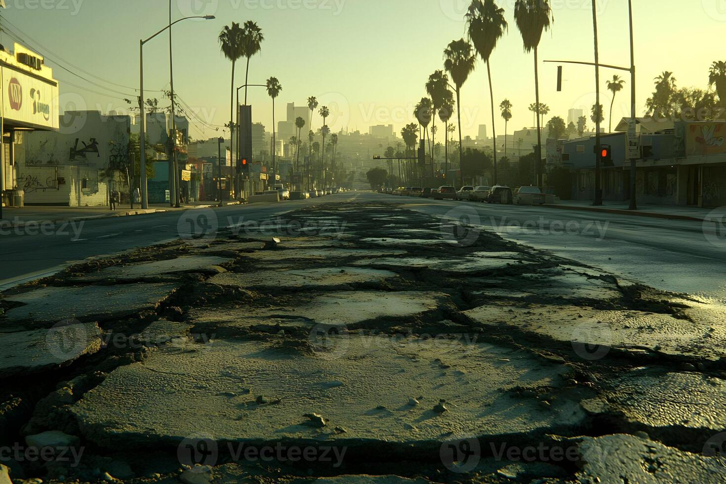 Cracked asphalt road at sunrise, palm trees line the street. photo