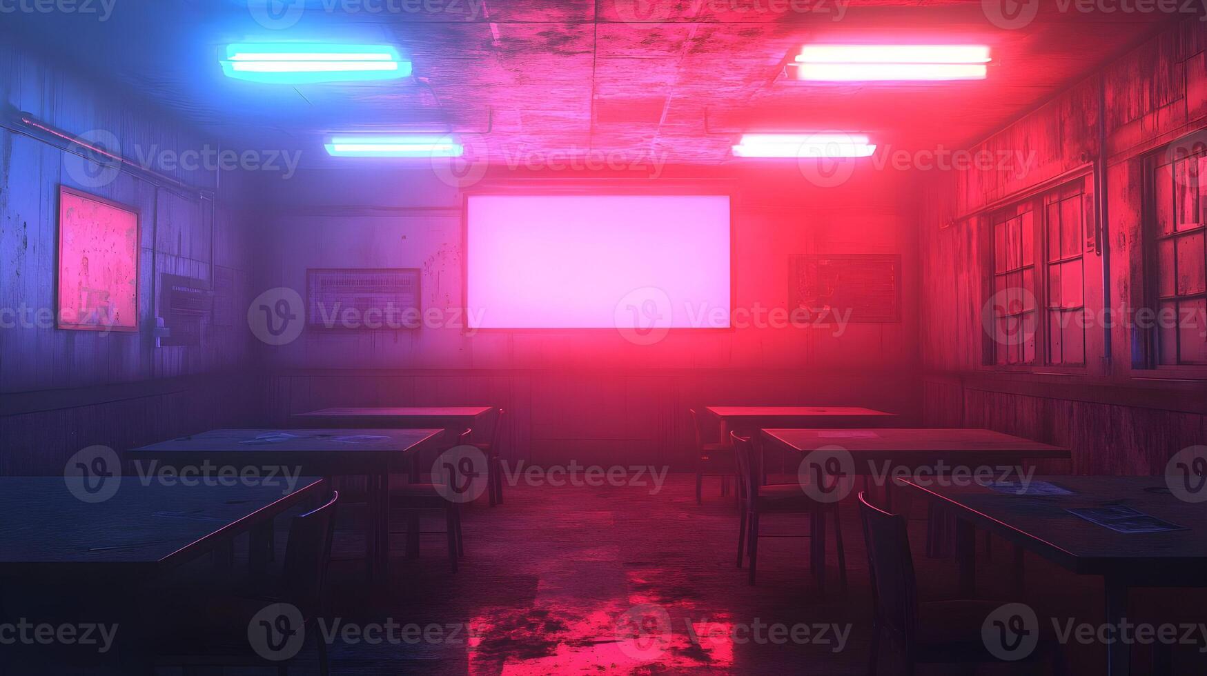 Empty classroom with neon lights, pink screen, grunge walls. photo