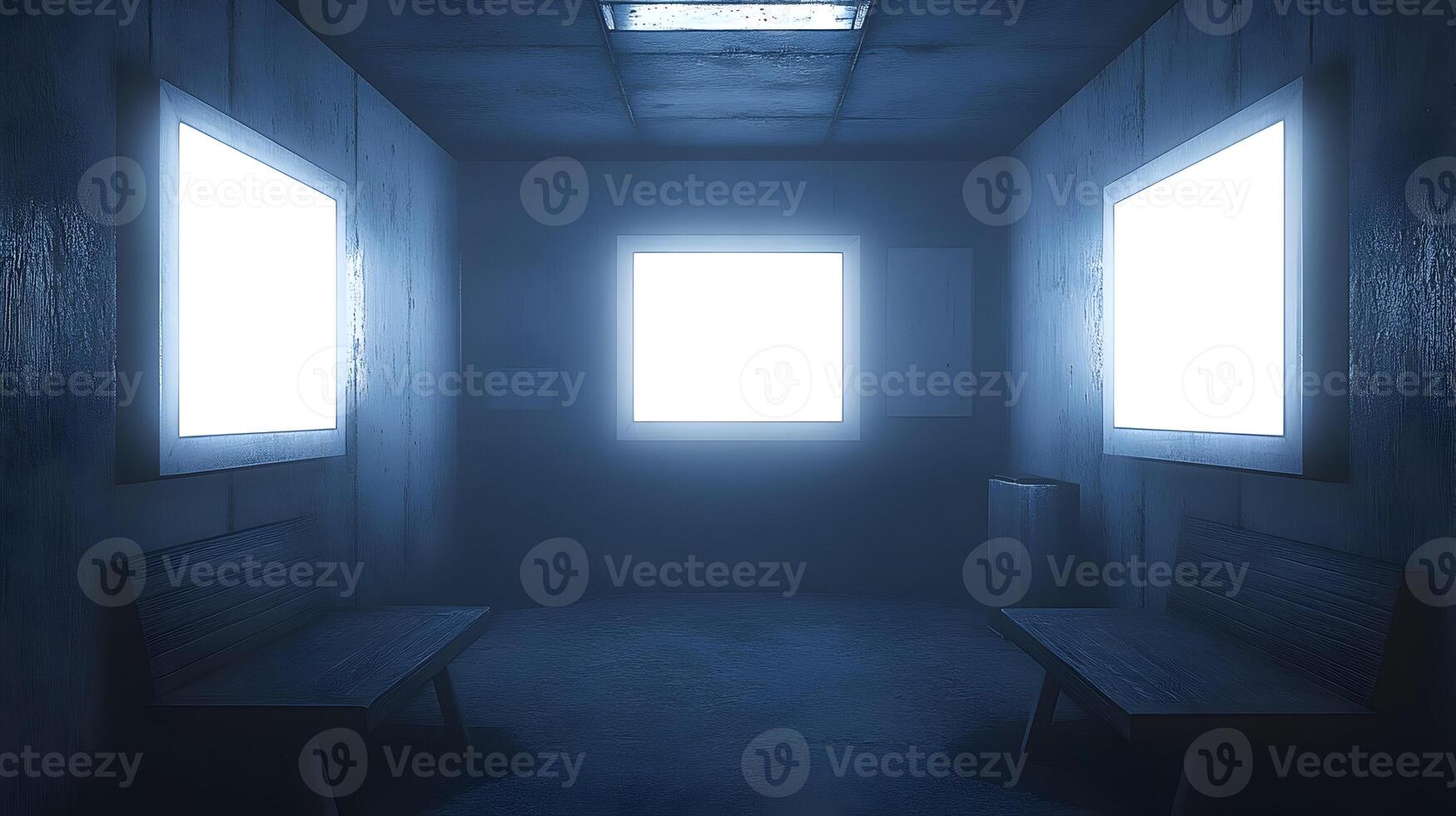 Dark room with illuminated blank frames and benches. photo