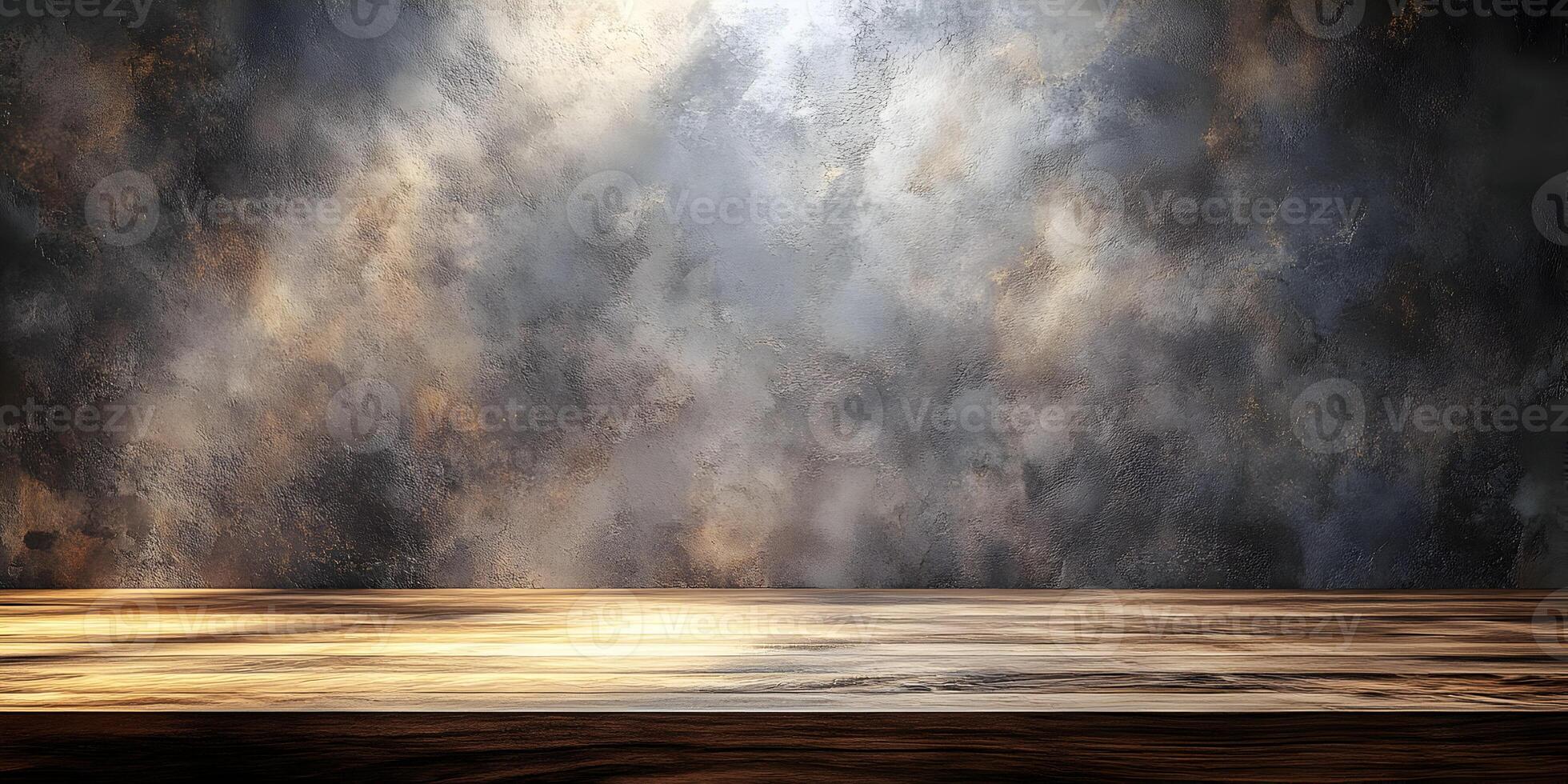 Empty wooden table against smoky, textured background. photo