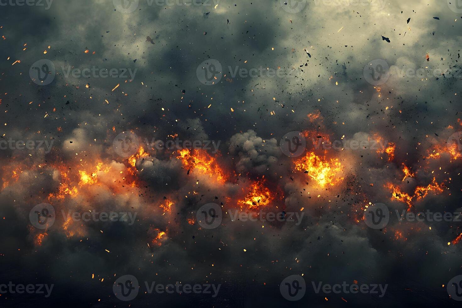 Fiery explosion with smoke and debris. photo