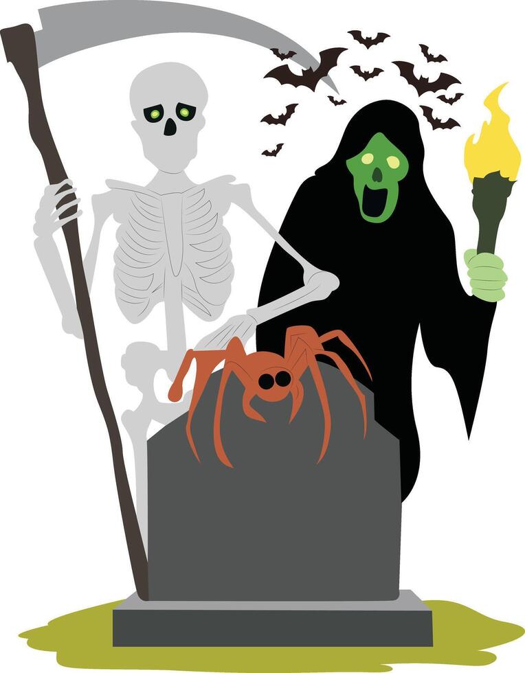 Halloween Skeleton Grim Reaper Gravestone Bats vector