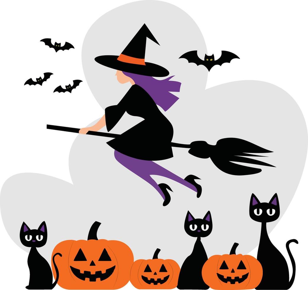 Halloween Witch Flying Broom Bats Pumpkins vector