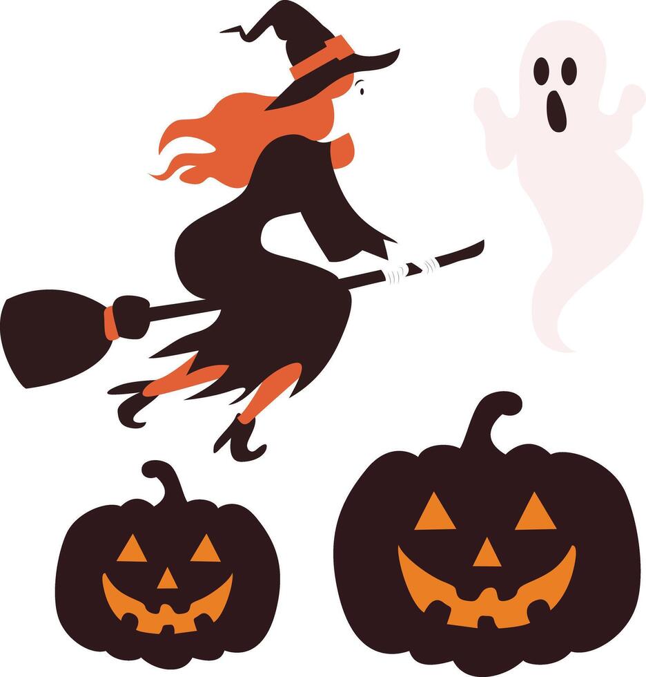 Halloween Witch Flying Pumpkins Ghost vector