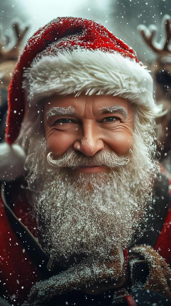 Smiling Santa in snowy woods with reindeer photo