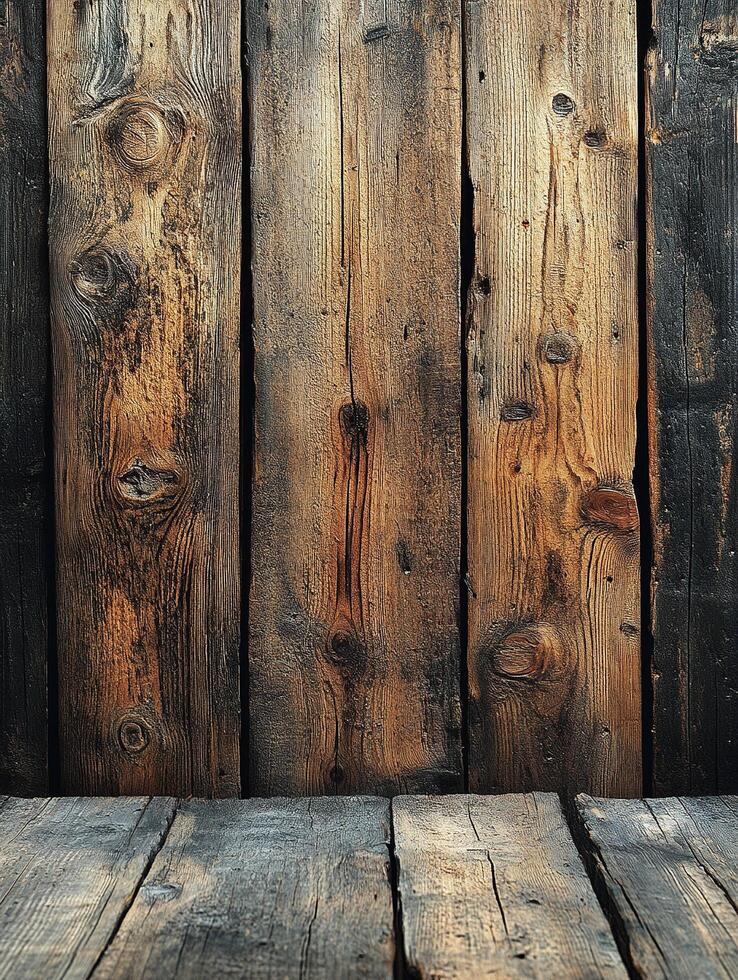 Rustic wooden wall and floor background for product display photo