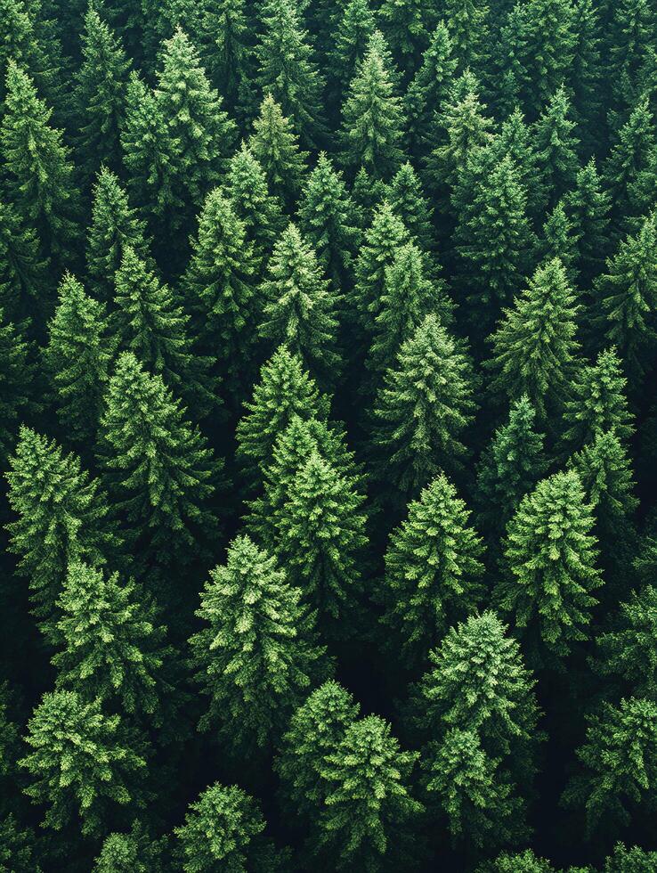 Aerial view of dense evergreen forest canopy photo