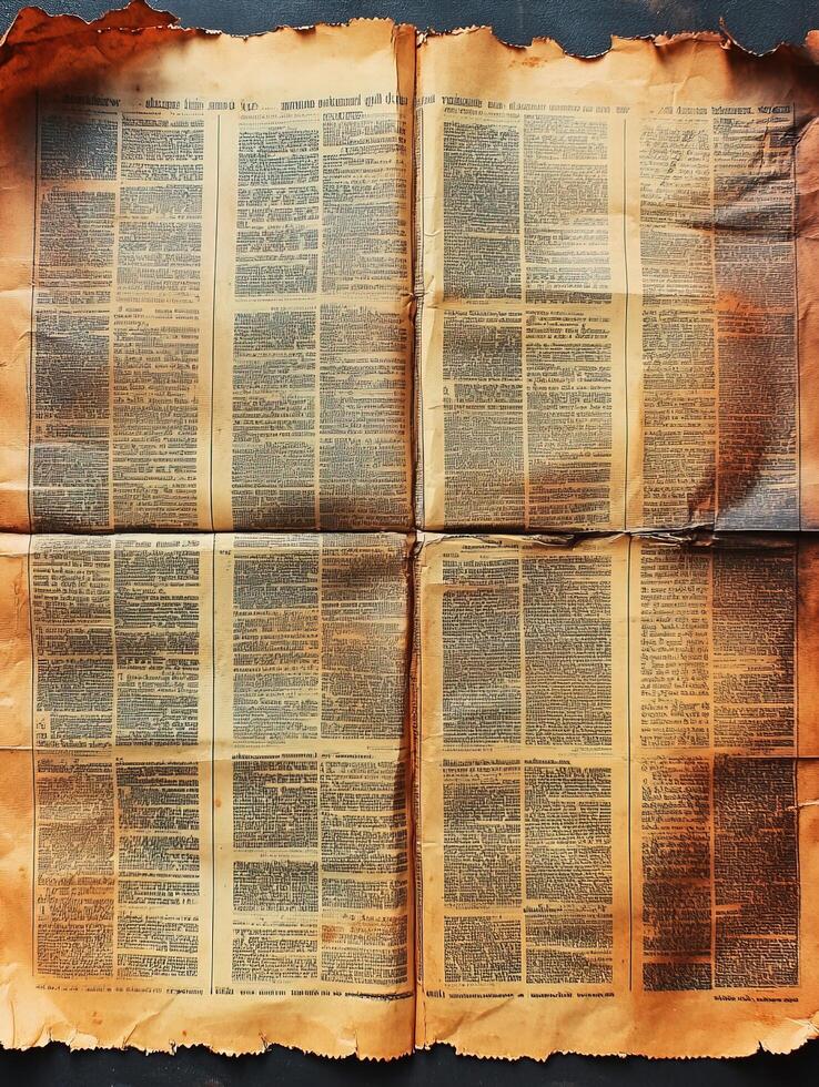 Folded old newspaper on dark surface, burnt edges, text filled photo