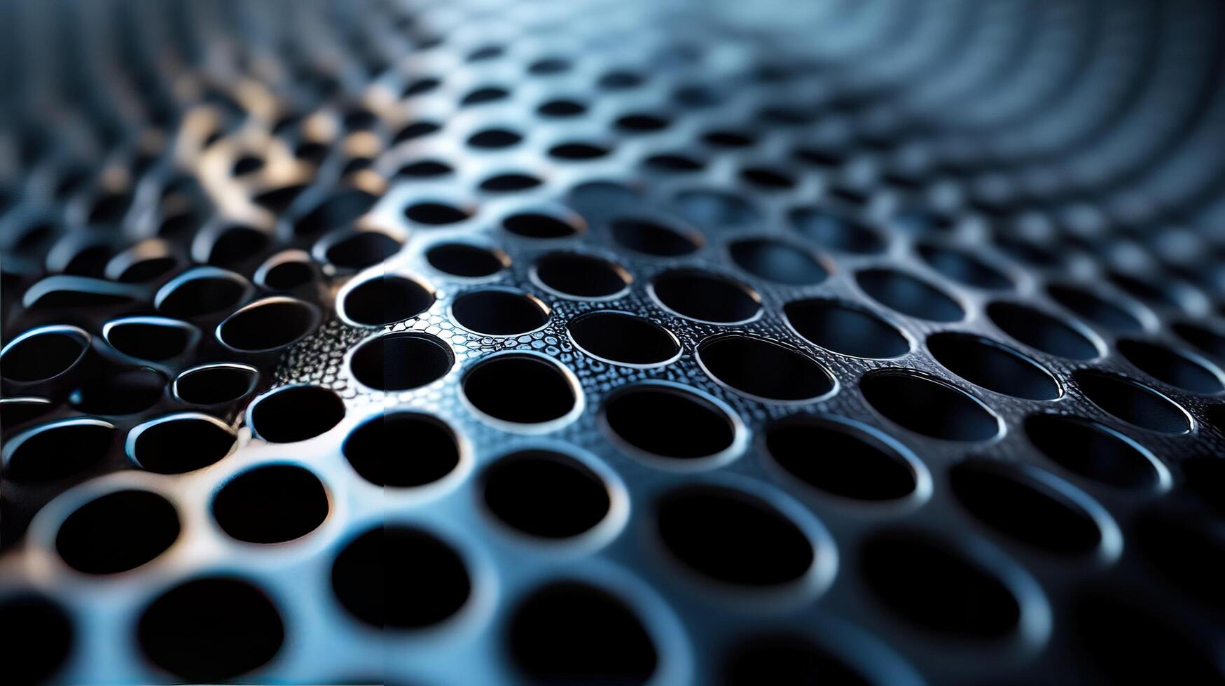 Perforated metal surface close-up showing holes with blurred background for texture use photo