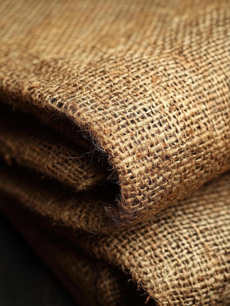 Brown burlap fabric folds, closeup, neutral background, texture or packaging use photo
