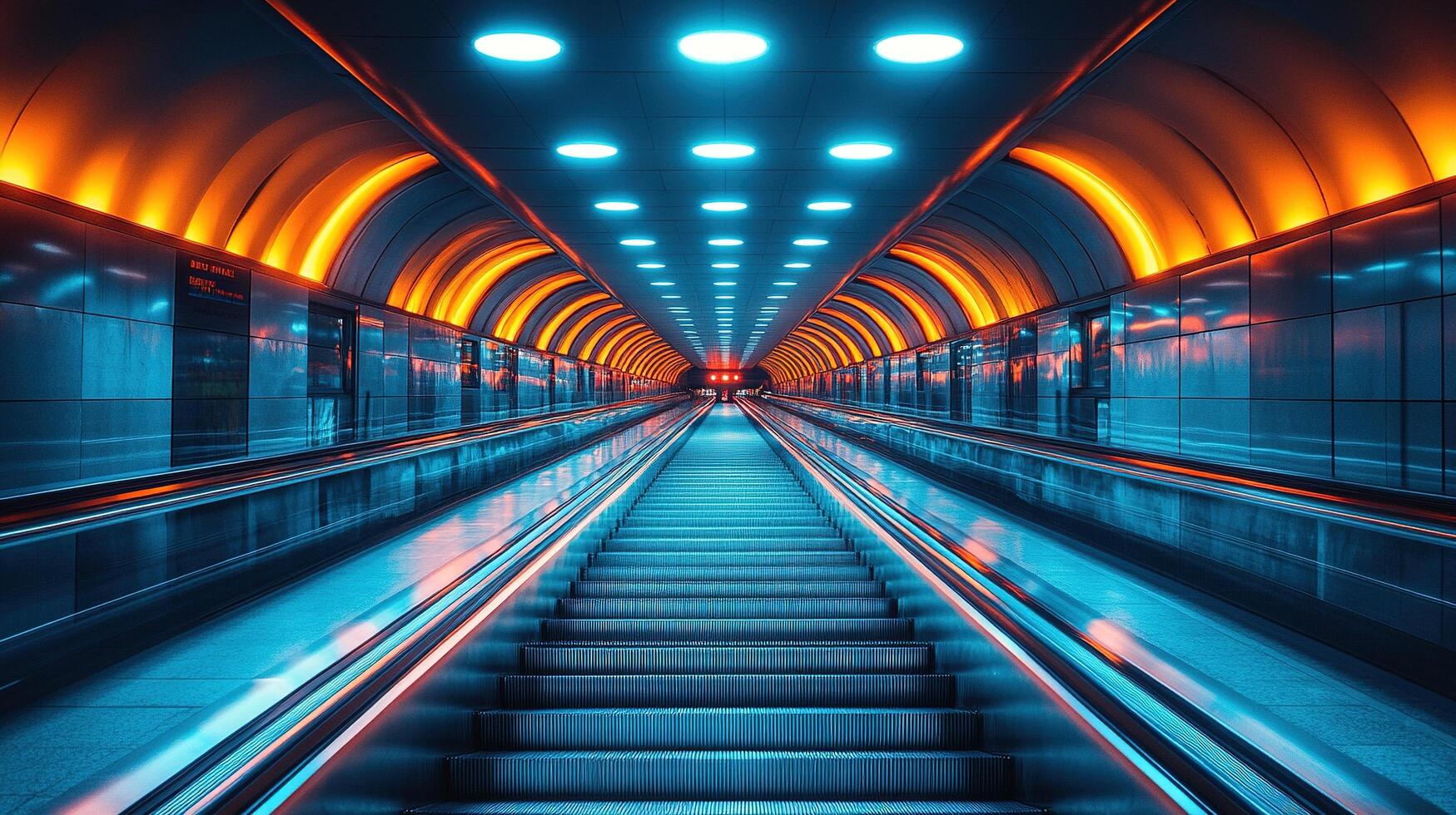 Escalators in a tunnel with orange and blue lights and people in distance photo