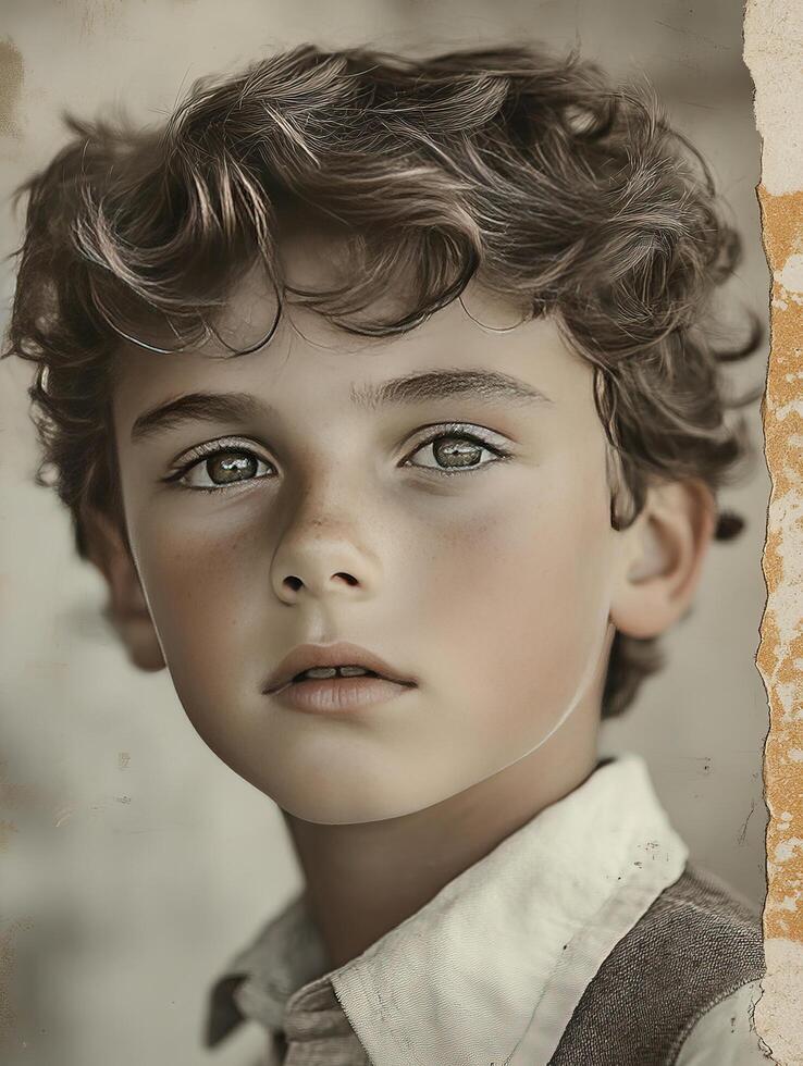 Boy portrait, close-up, neutral backdrop, aged effect, stock use photo