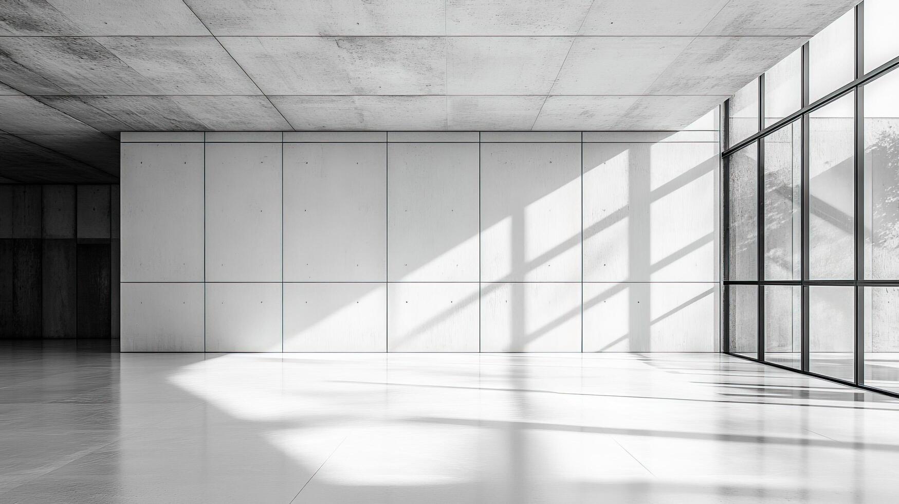 Empty room with large windows, bright sun, and concrete walls photo