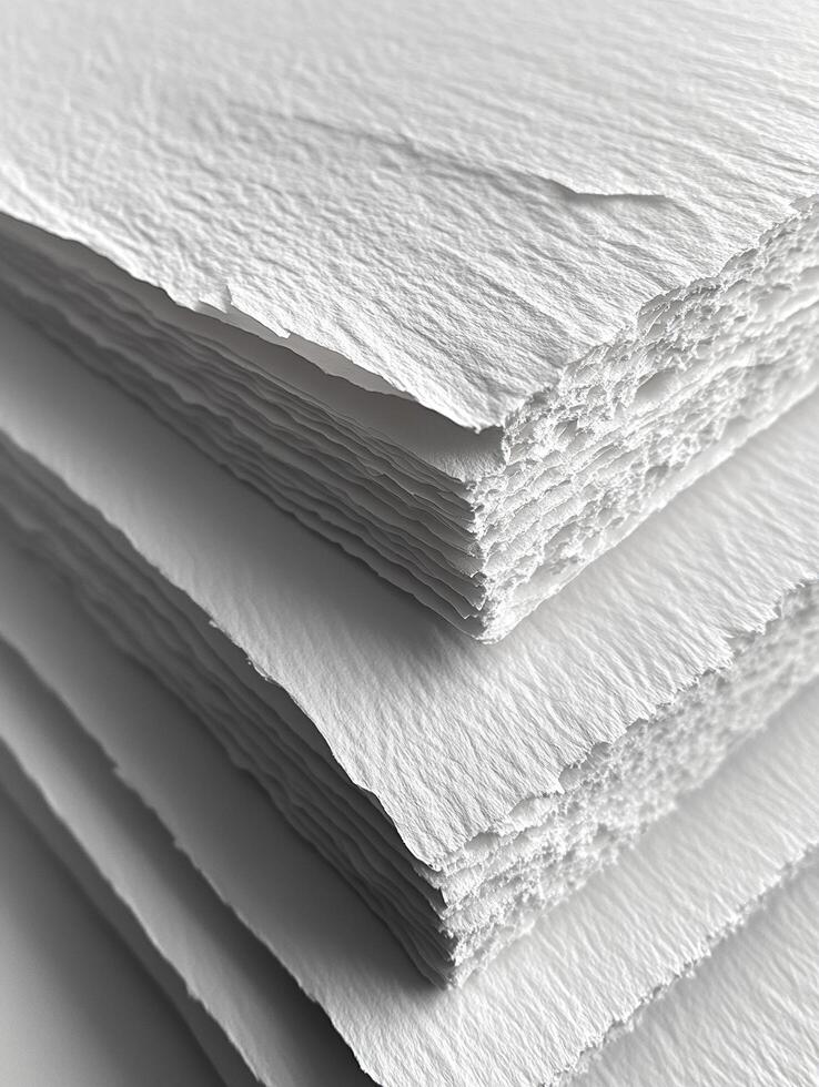 Stack of textured white paper, edges frayed, in a high-angle view photo