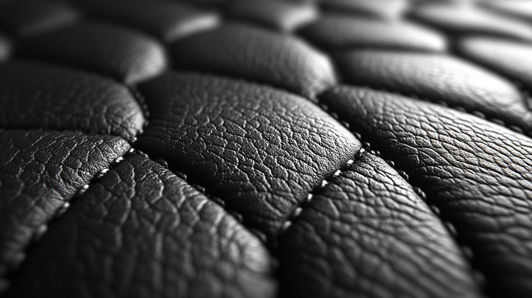 Close-up of stitched leather material, black, repeating texture pattern photo