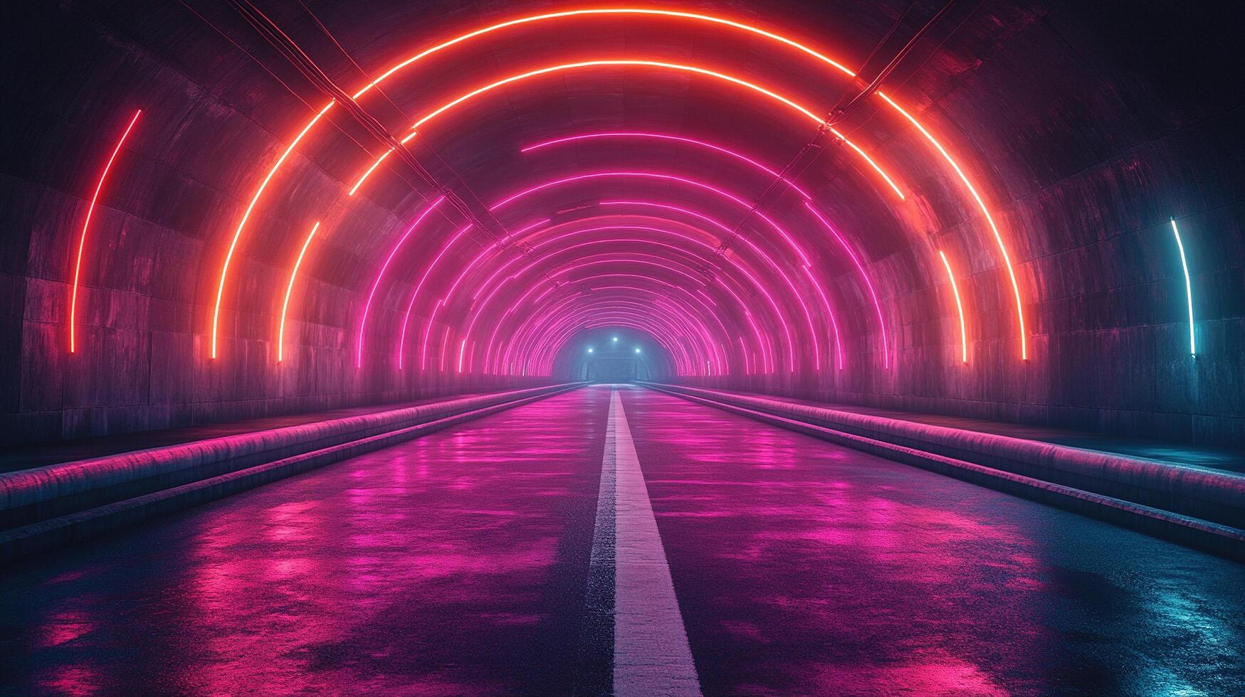 Neon circles glow above a road in an underpass, lit in the background photo
