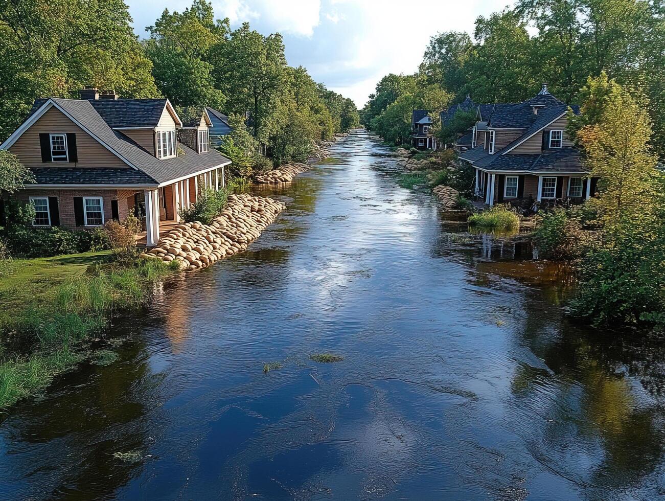 Flooded canal between houses, reflecting sky, trees lining banks photo