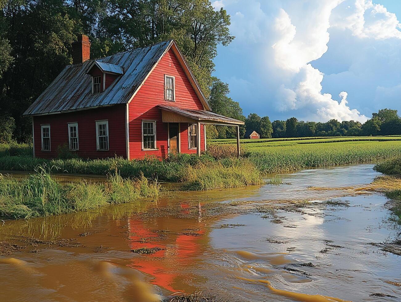 Red farmhouse flooded by overflowing creek, fields, storm clouds photo