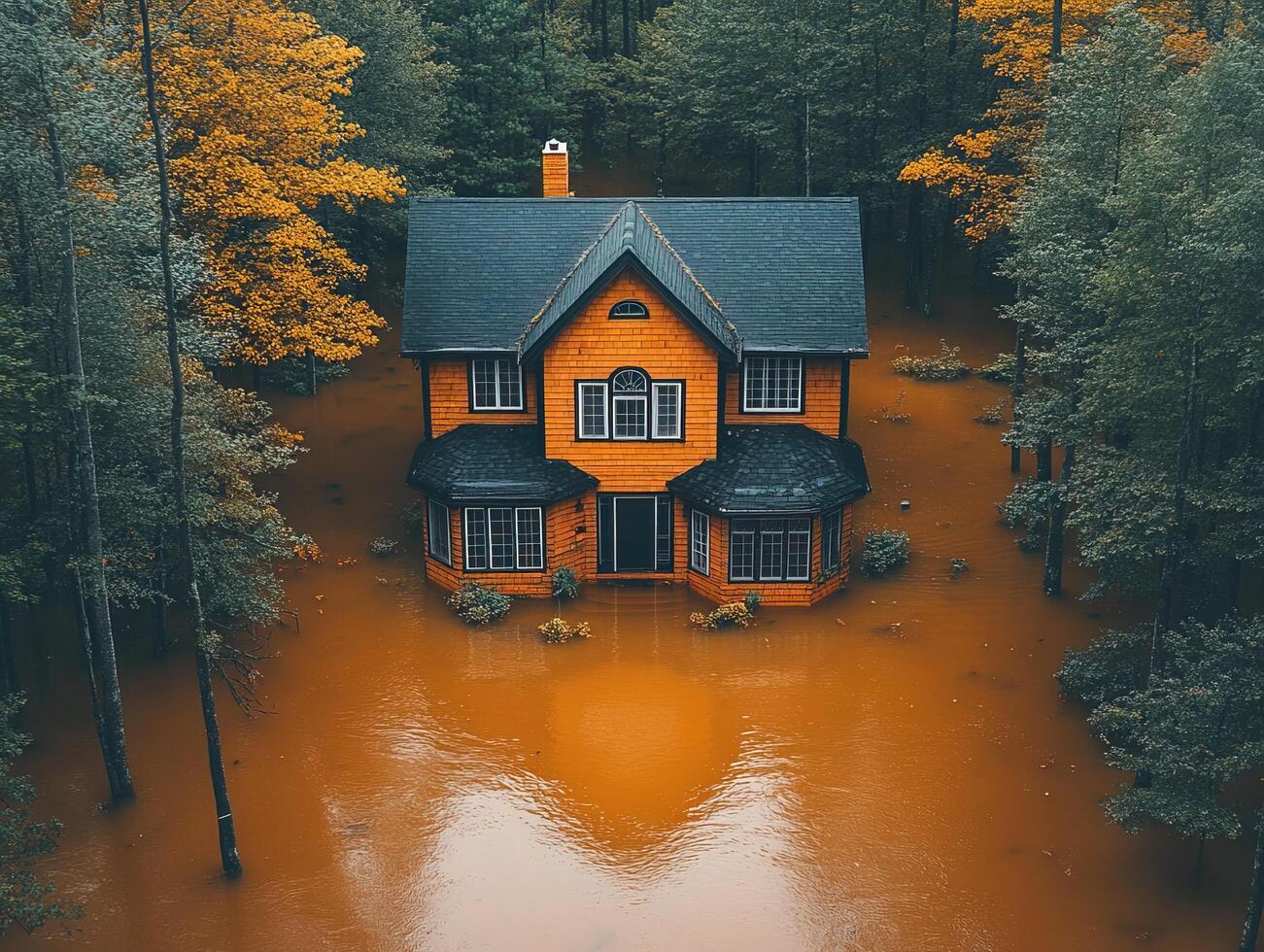 Flooded house in autumn forest, aerial view of disaster photo
