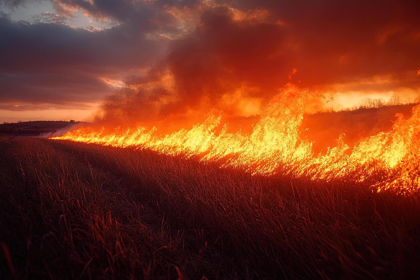 Field fire at sunset with smoke plume, possible agricultural burn photo