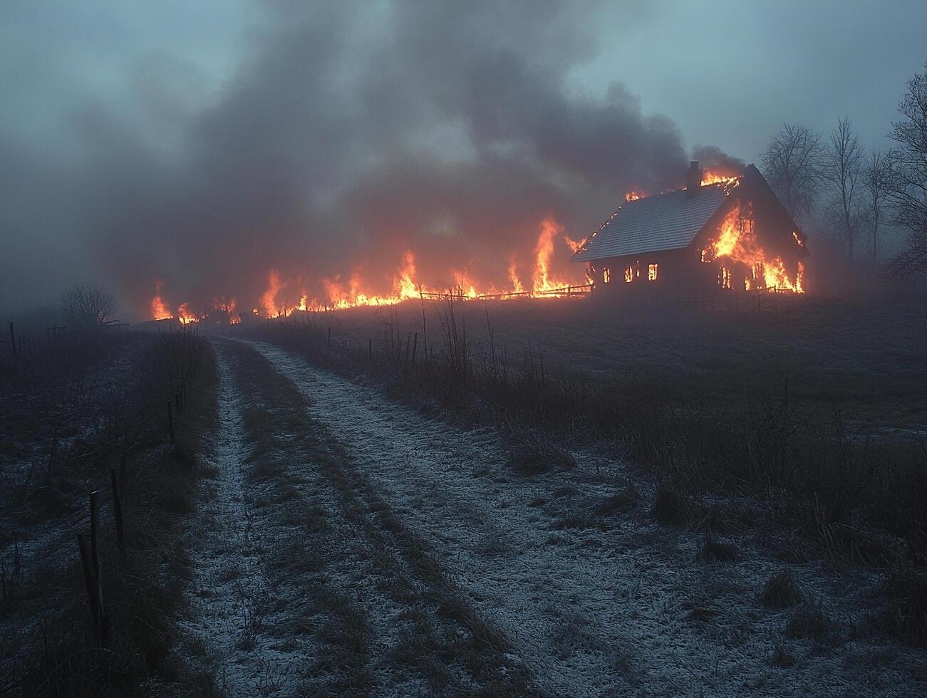 Farmhouse ablaze in foggy rural landscape at dusk photo