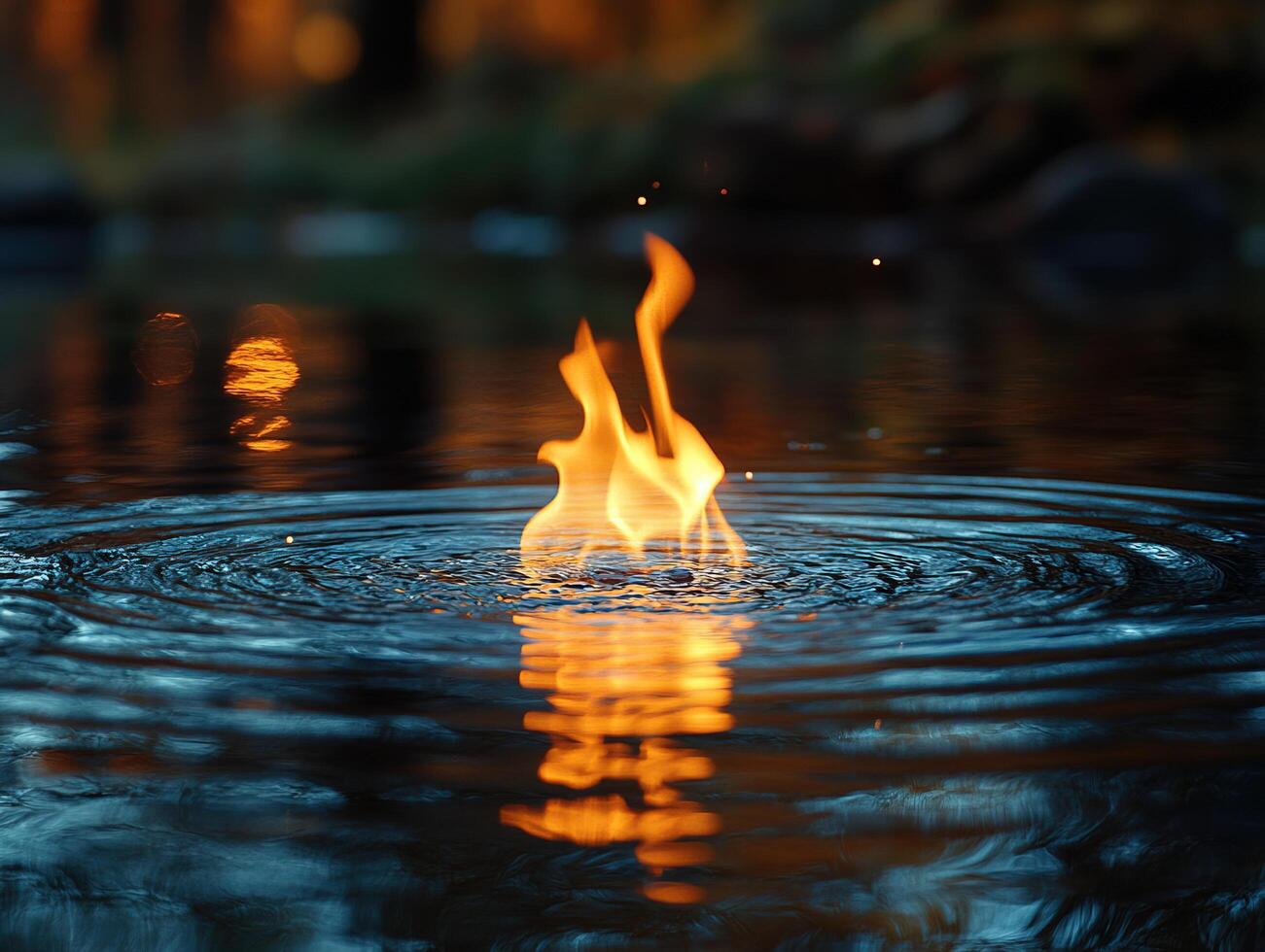 Flames dancing on water at dusk, ripples expanding, blurred background photo