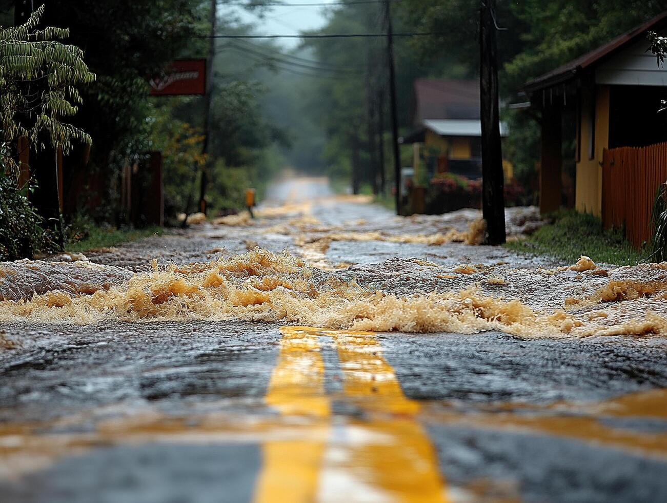 Flooded road in town with rushing water, houses, trees in background. Possible use disaster relief photo