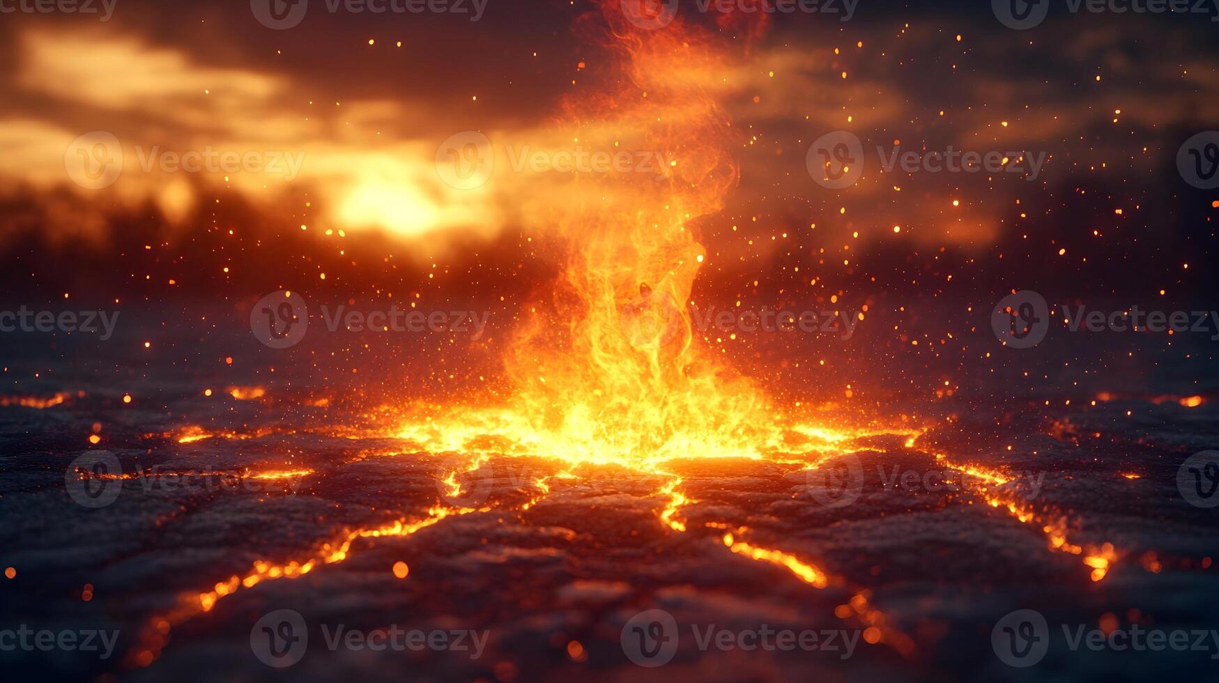 Fiery eruption from cracked earth at sunset. photo