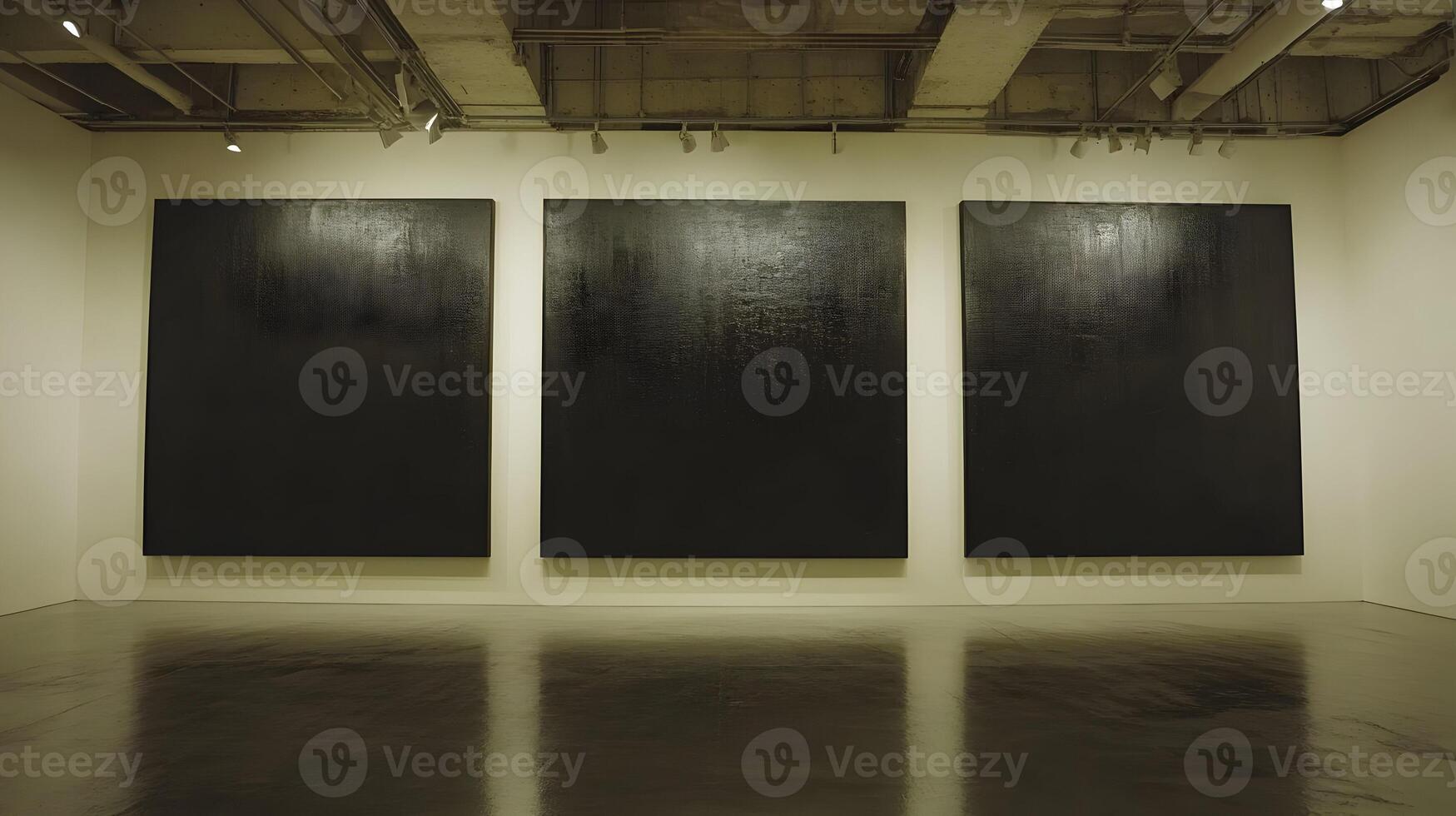 Triptych dark abstract paintings displayed in modern gallery. photo