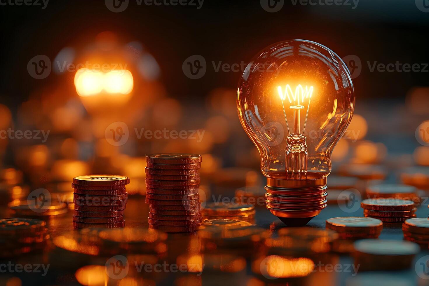 Illuminated lightbulb on coins, symbolizing financial ideas. photo