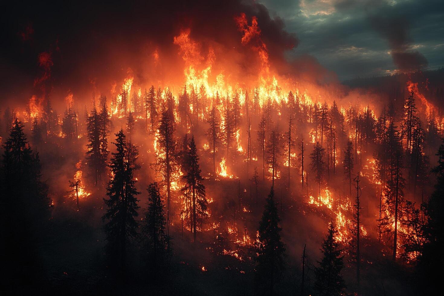 Forest fire engulfing trees on hillside at dusk, smoke filling sky photo