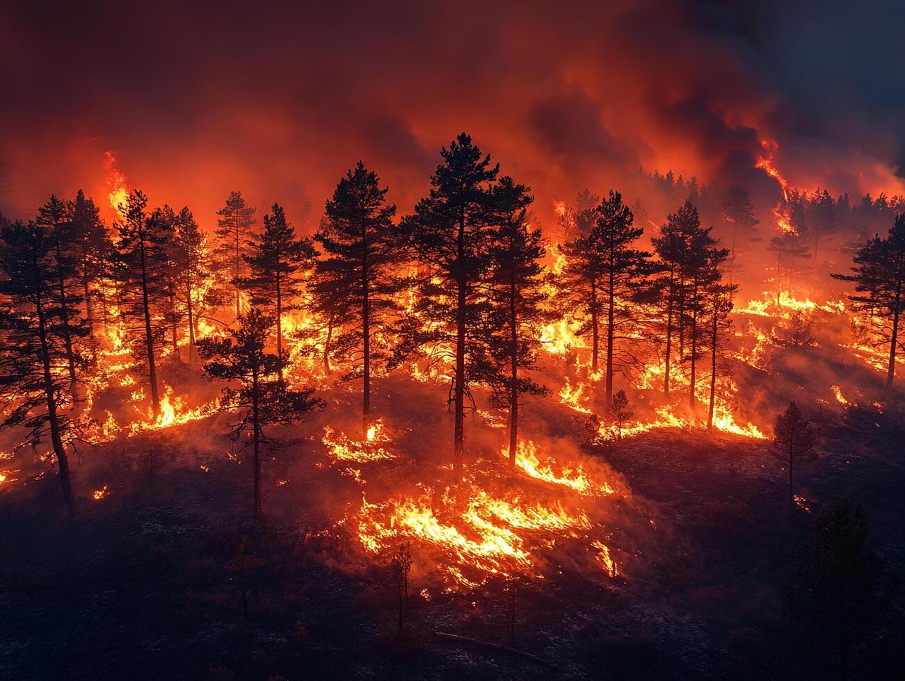 Night forest fire with intense flames engulfing trees and spreading smoke photo