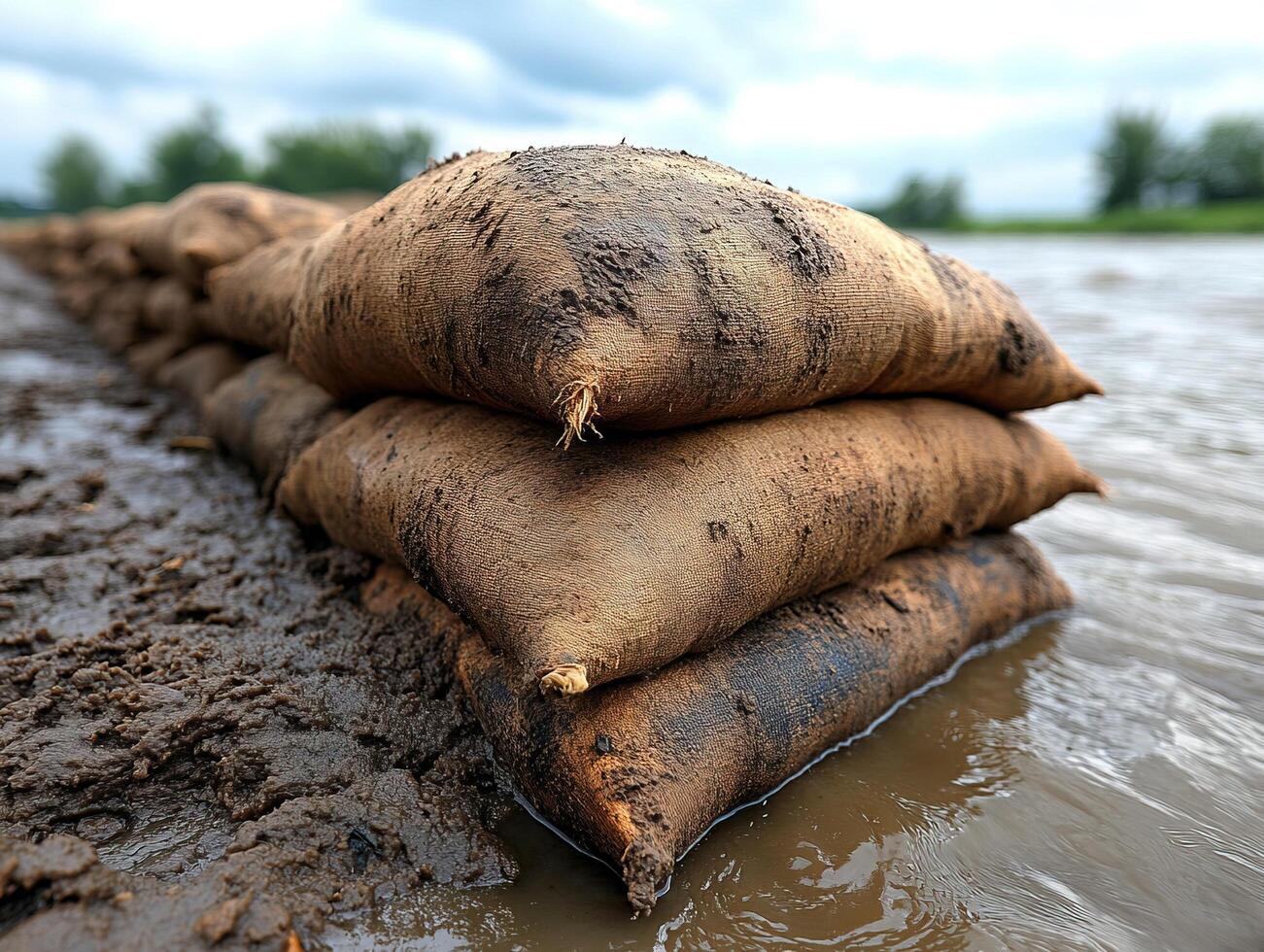 Sandbags protect riverbank from flood, muddy water, cloudy sky photo