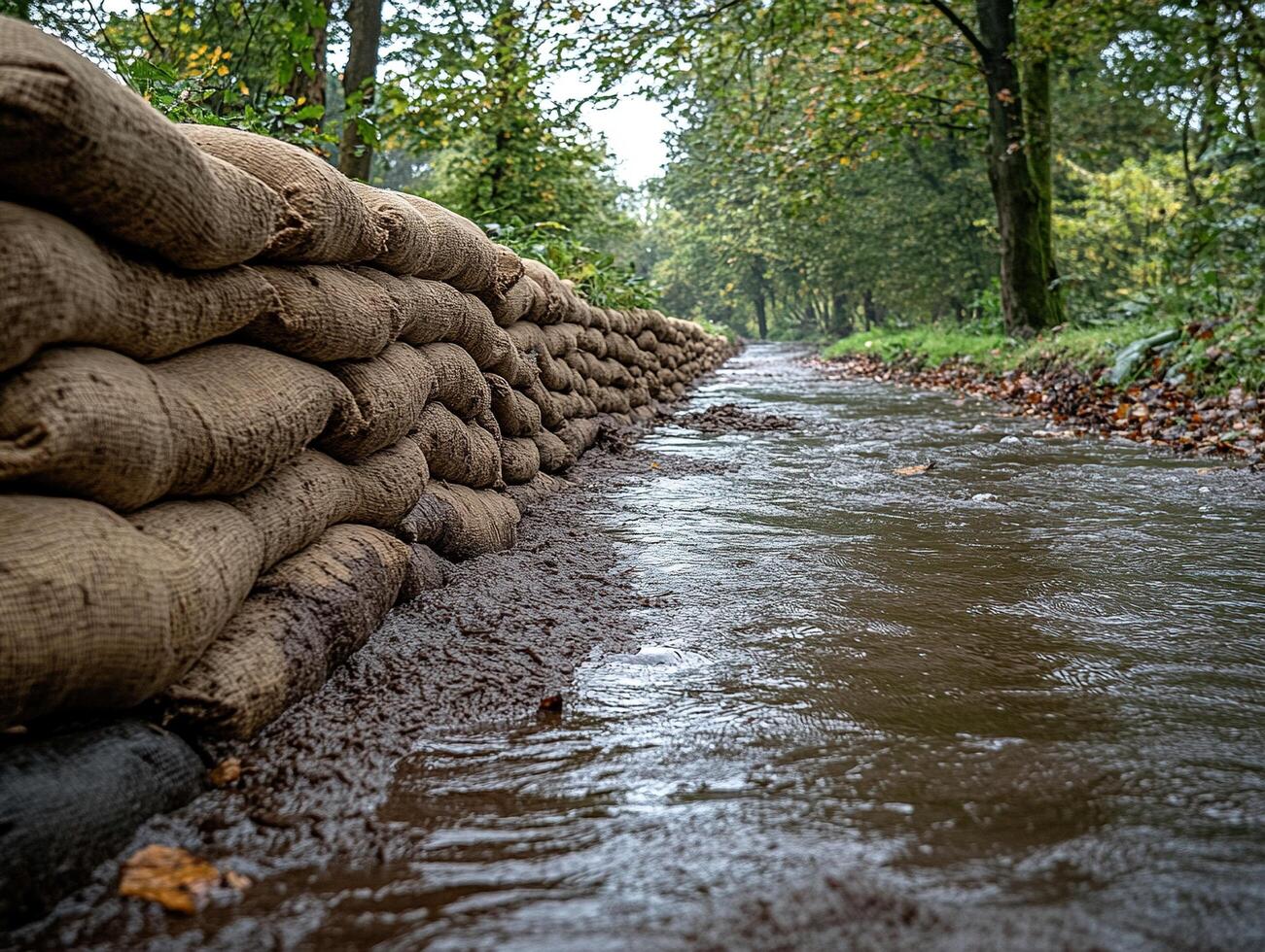 Sandbags protect forest path from overflowing stream after heavy rain photo
