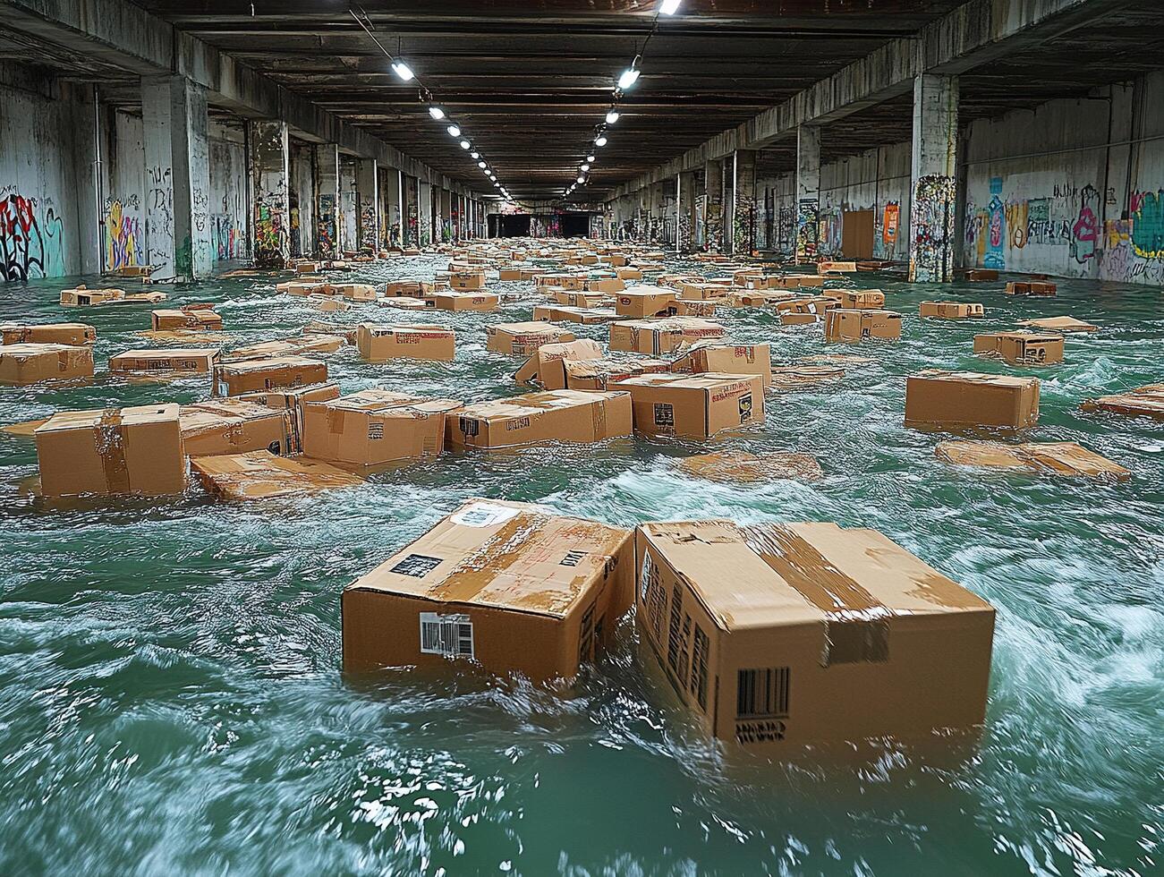 Cardboard boxes floating in flooded graffitied underpass photo