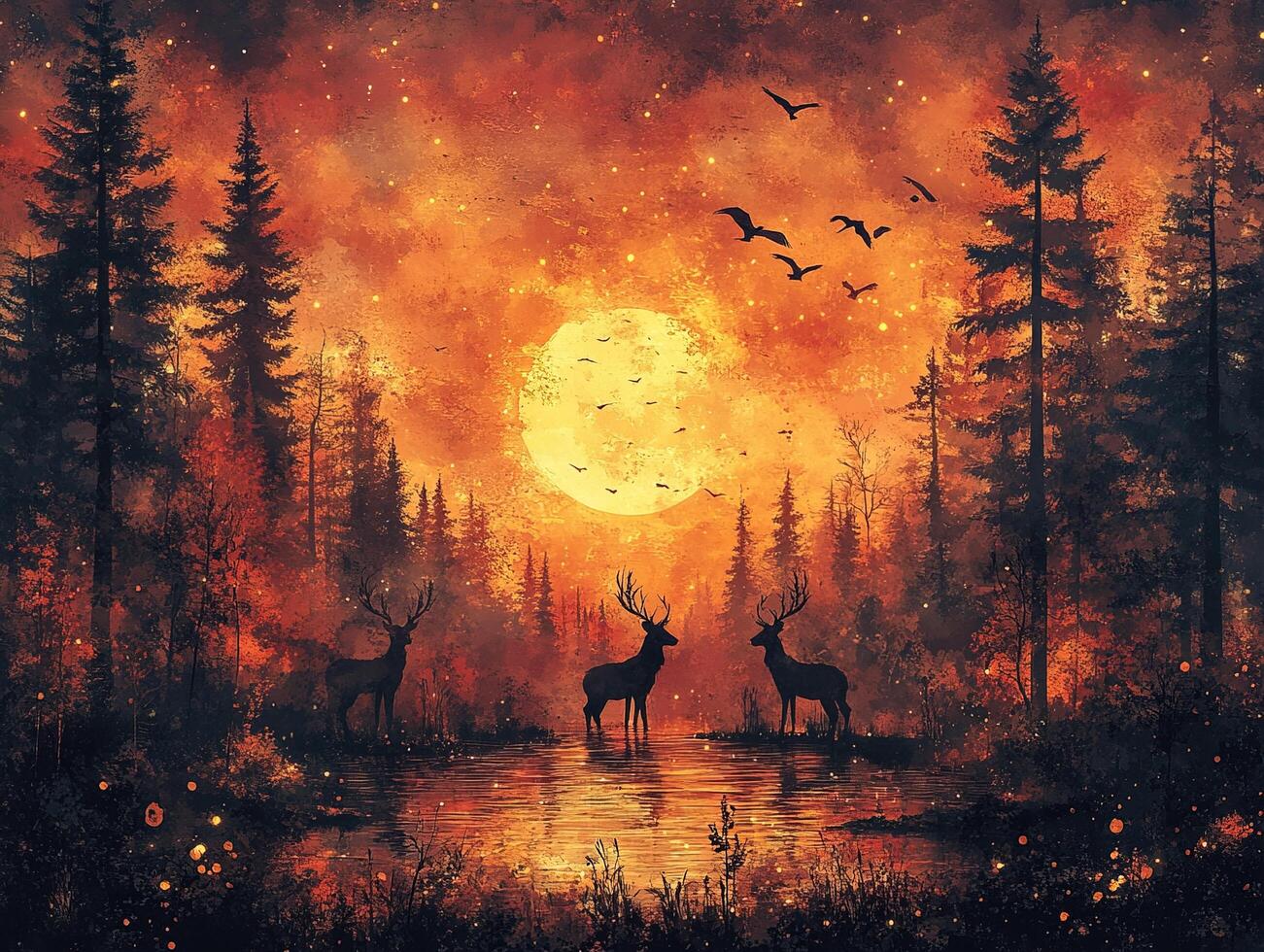 Deer by forest pond under orange moonlit sky with bats photo