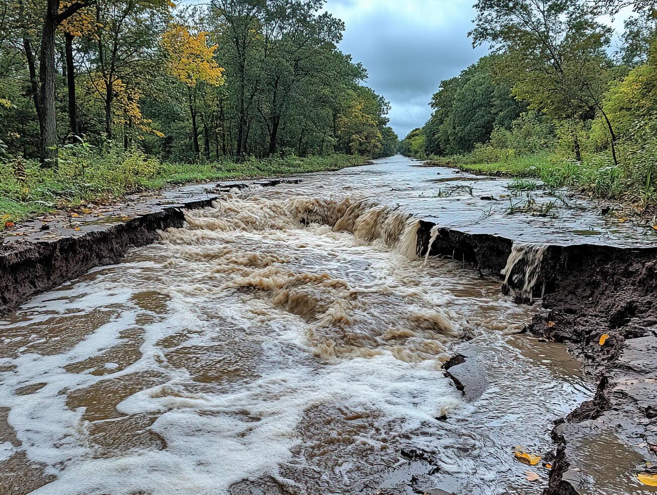 Flooded forest road with eroded edges, autumn trees, cloudy sky photo