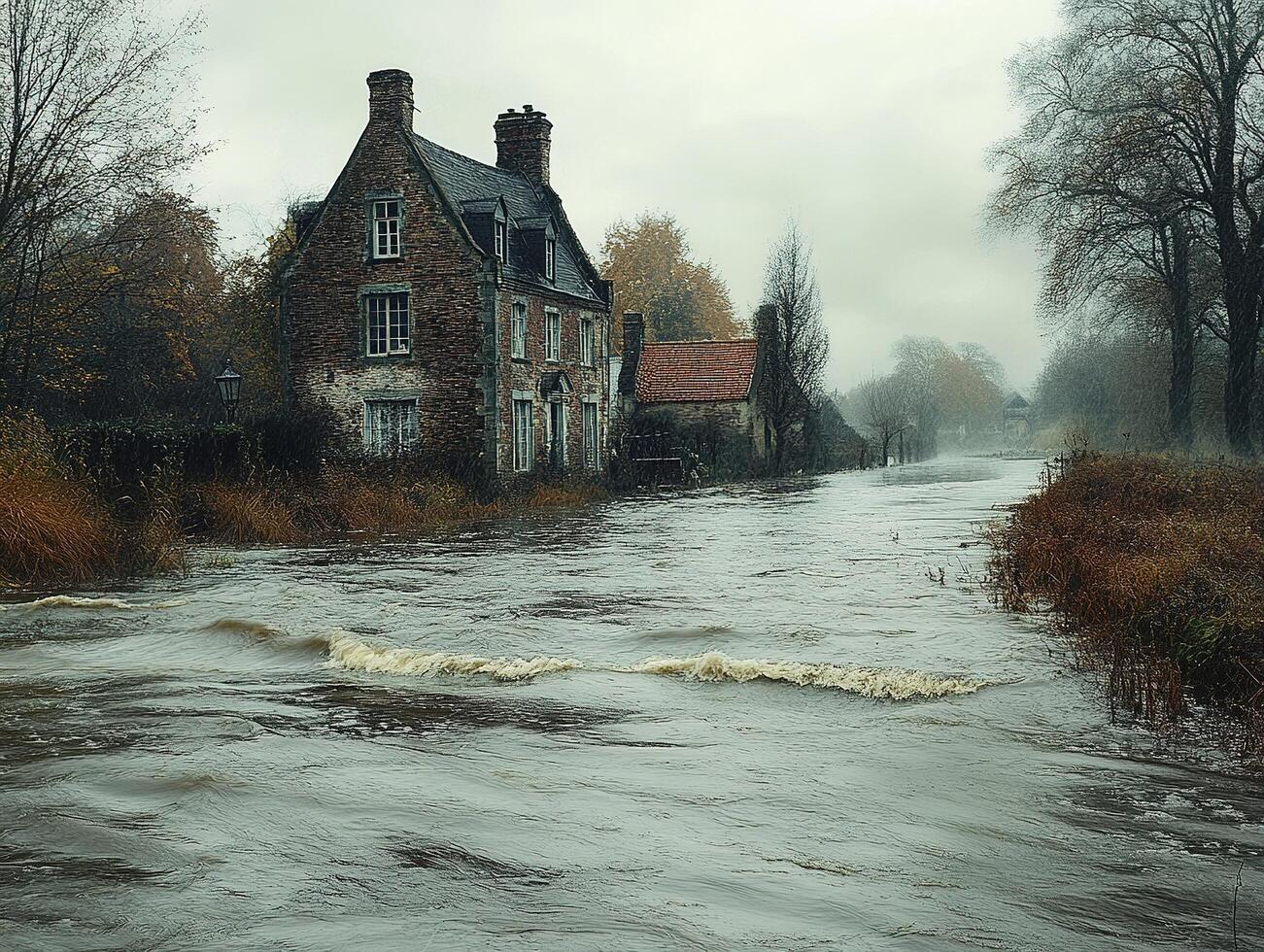 Flooded French village house by river in autumnal misty landscape photo