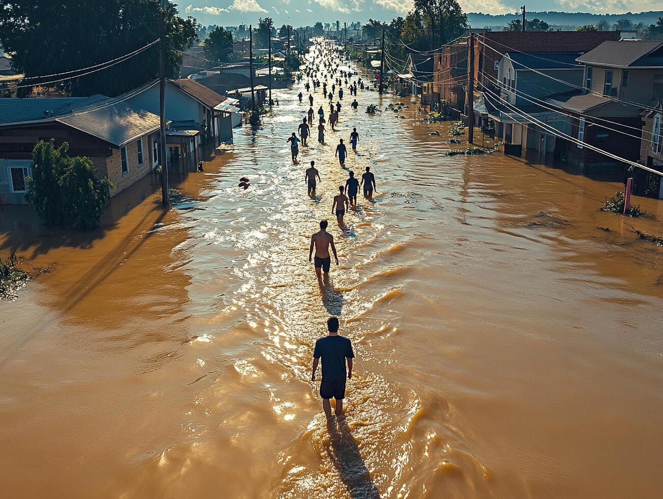 People wade through flooded town street after disaster photo