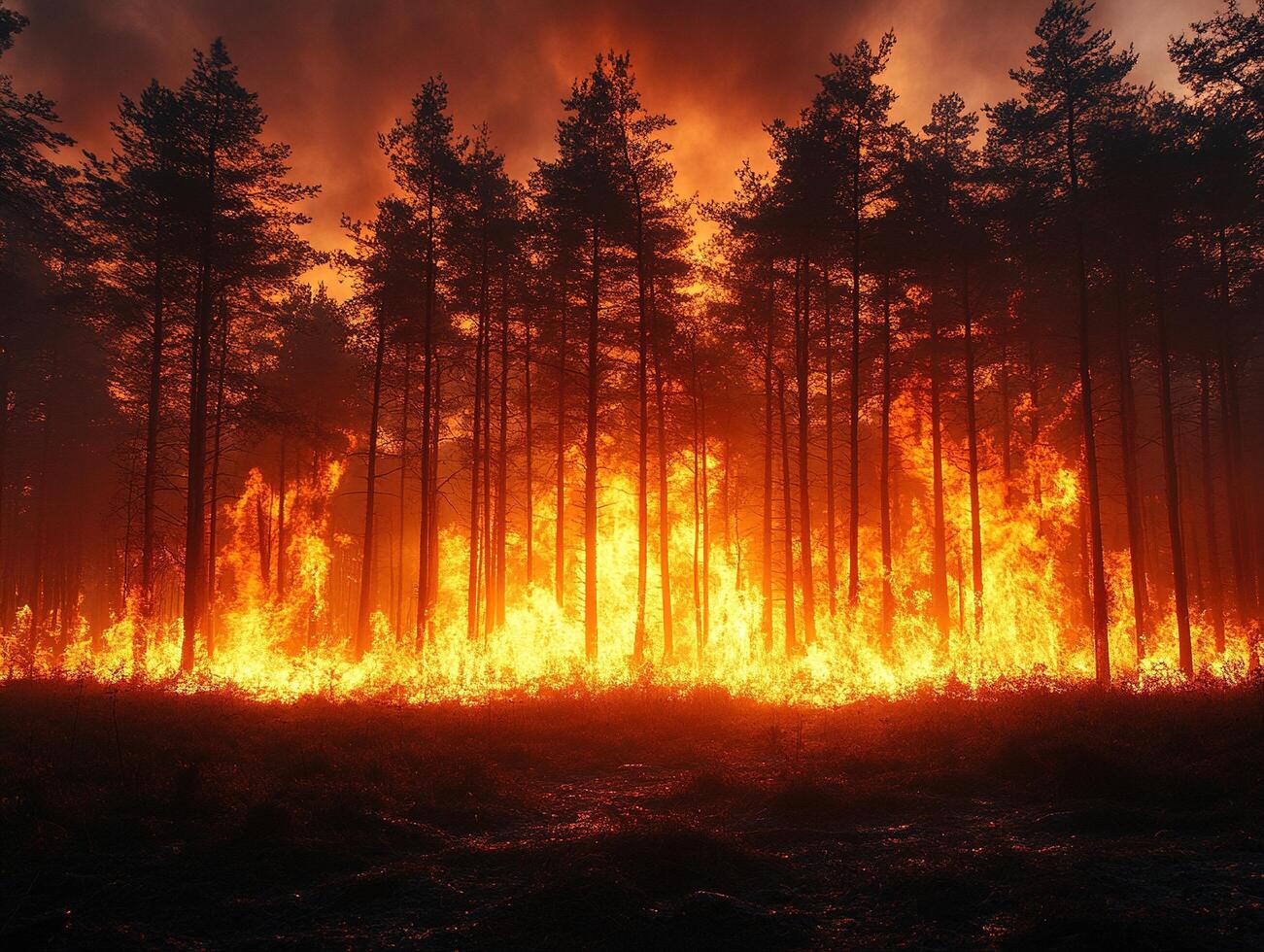 Forest fire burning intensely at night, smoke-filled sky photo