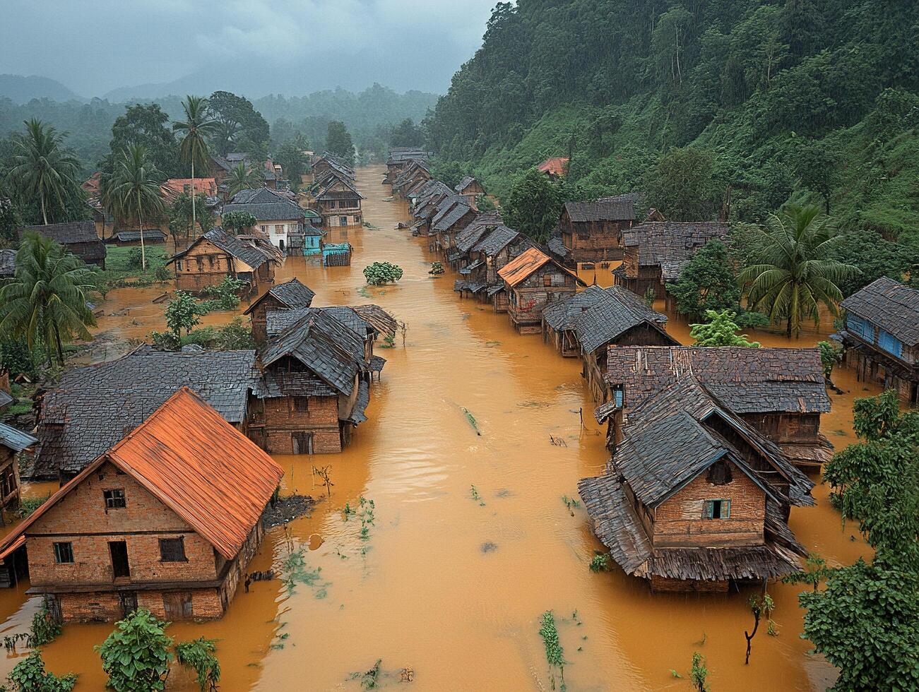 Flooded village in mountain valley, homes submerged in muddy water photo