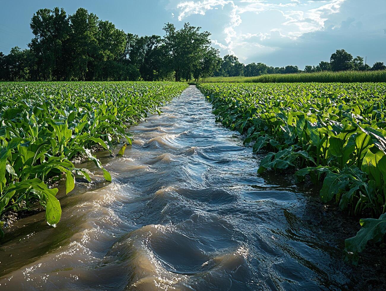 Irrigation canal flooding crops in a sunny field photo