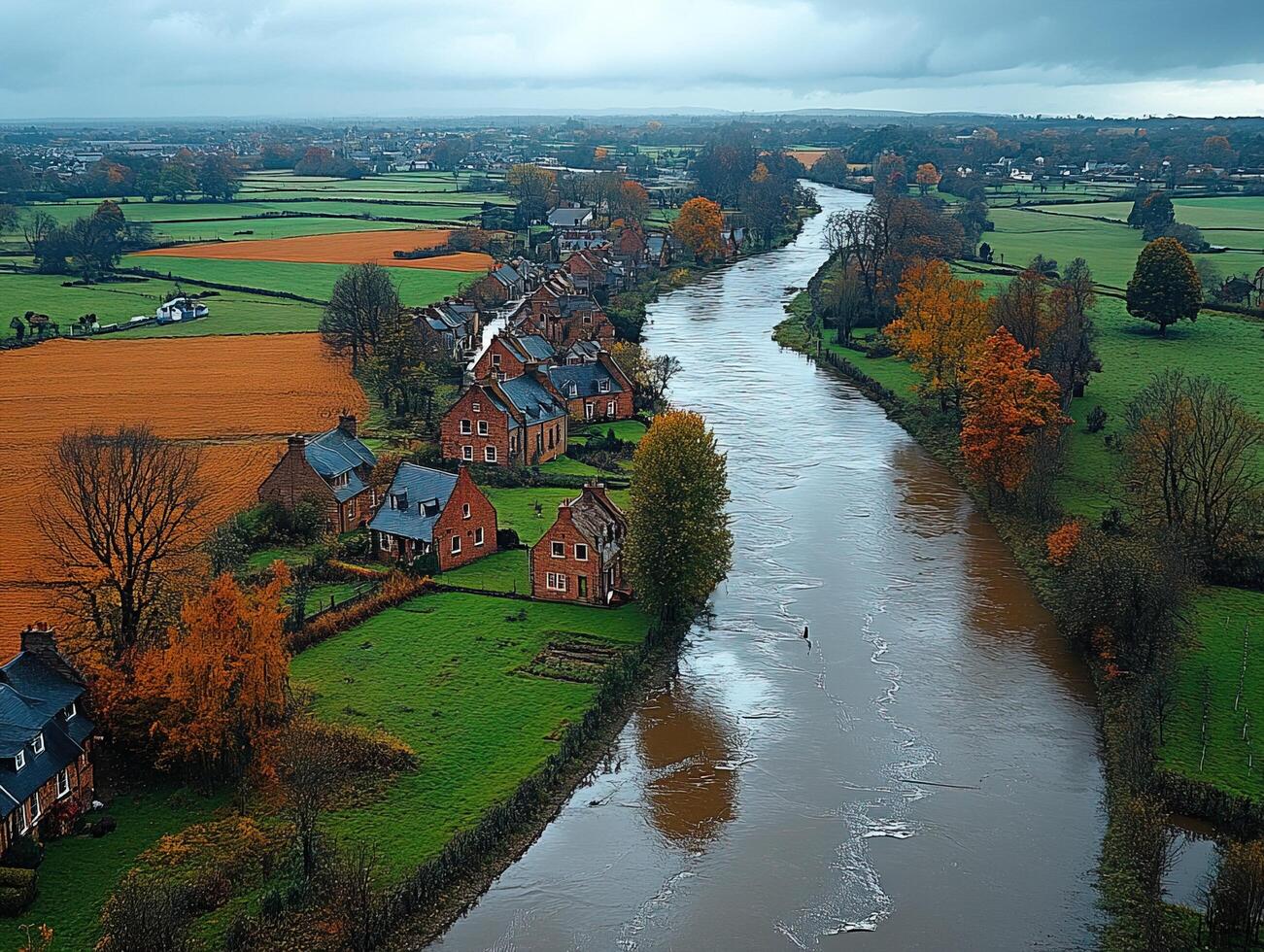 River flowing through autumnal village with colorful fields in background photo