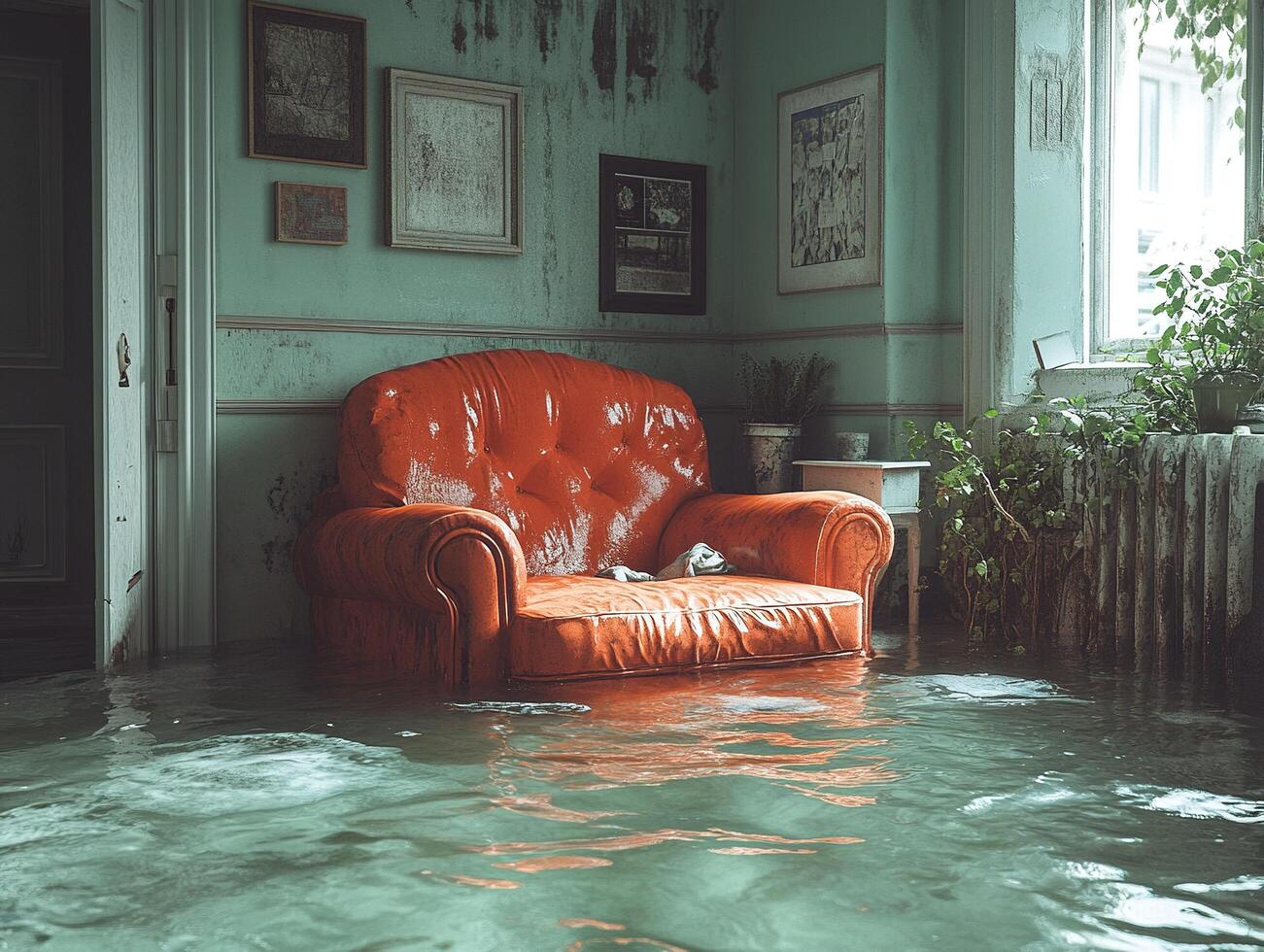 Flooded room with red sofa, indoor flood damage, overgrown photo