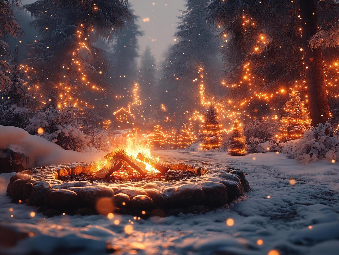 Campfire in snowy forest with festive lights at dusk photo