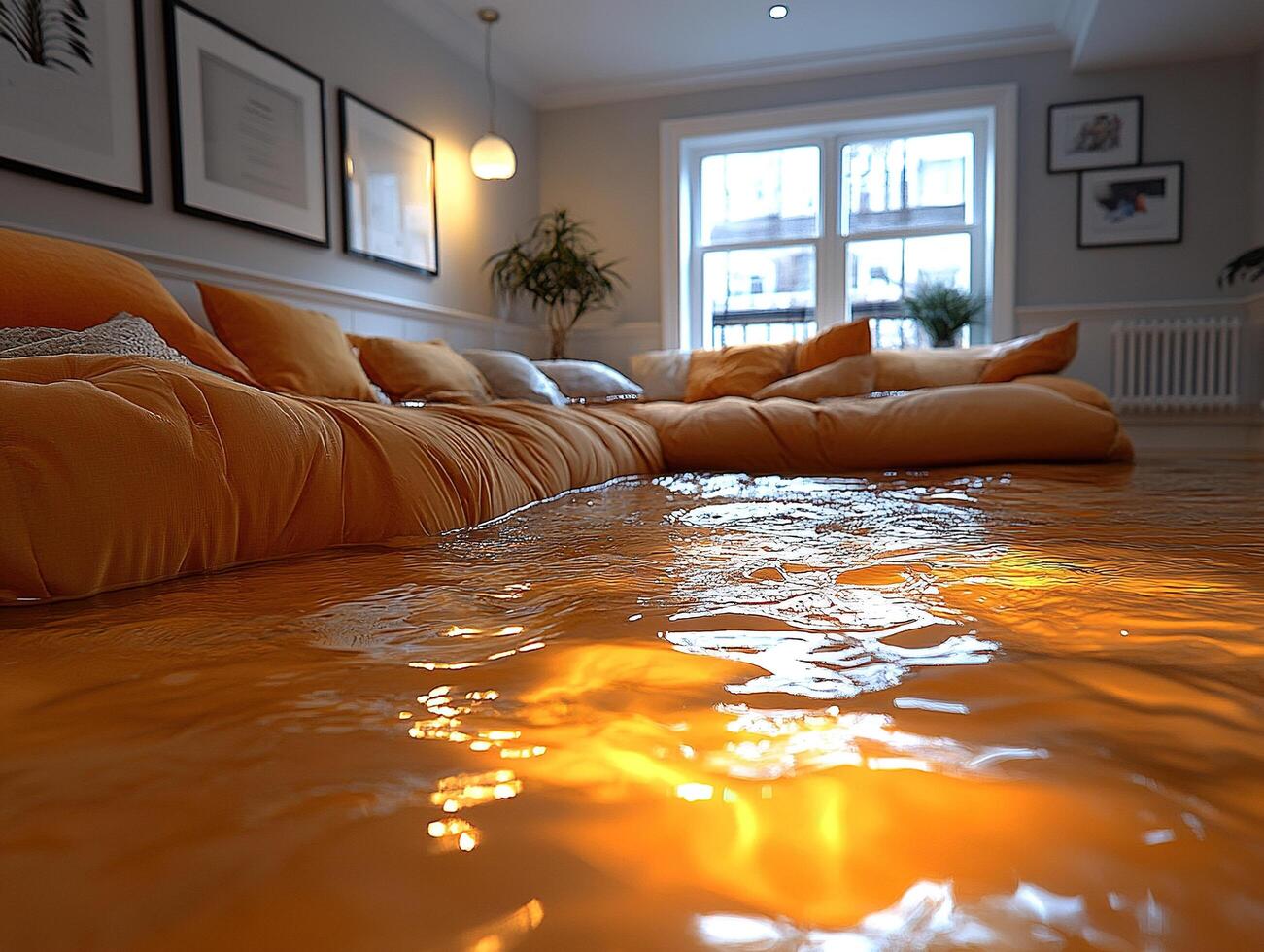 Flooded living room with sofa submerged, window view, water damage photo